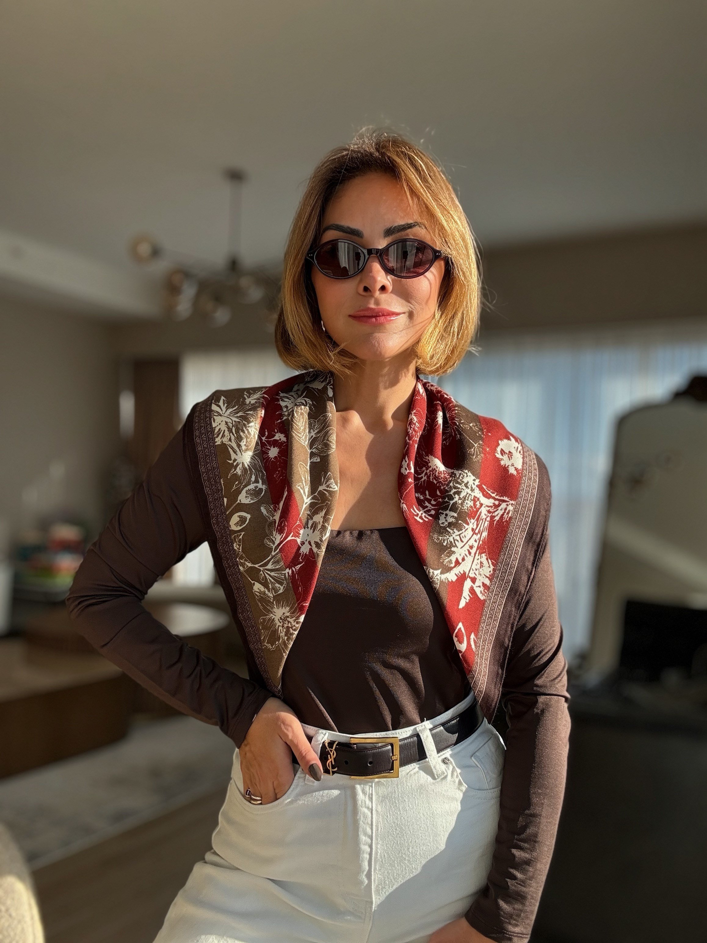 Bordo Çiçek Desenli Pamuklu Fular ( 70*70 )