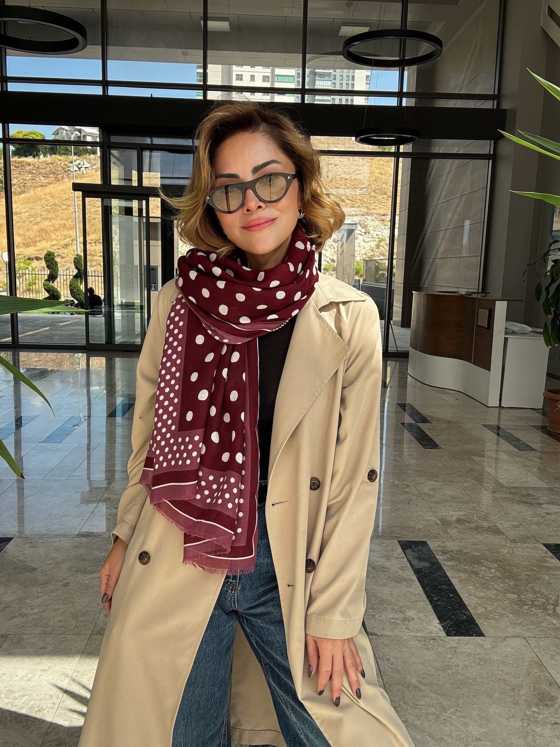 Bordo Puantiye Desenli Pamuklu Şal