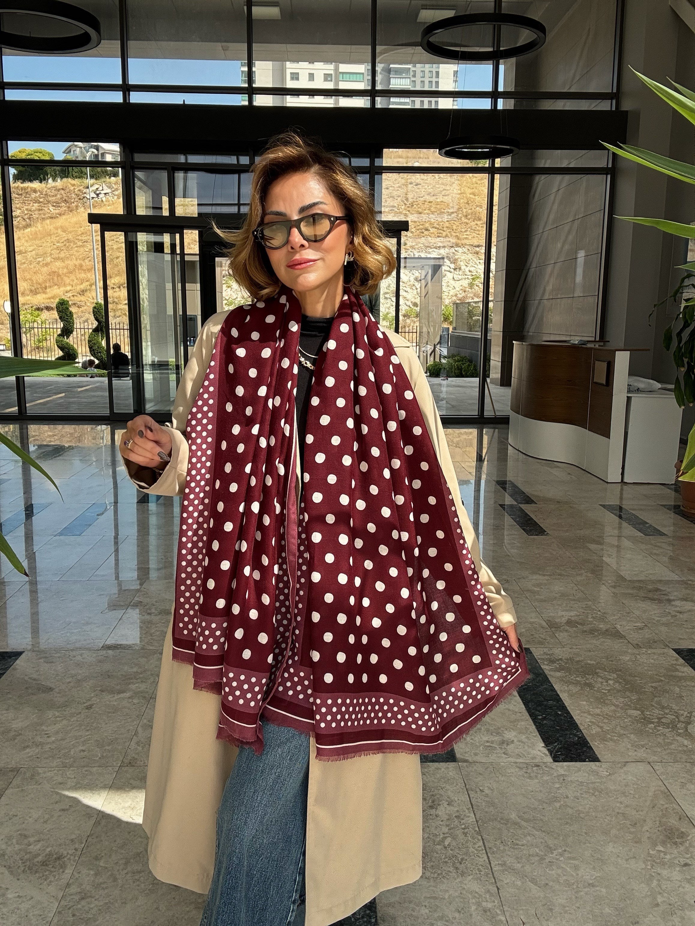 Bordo Puantiye Desenli Pamuklu Şal