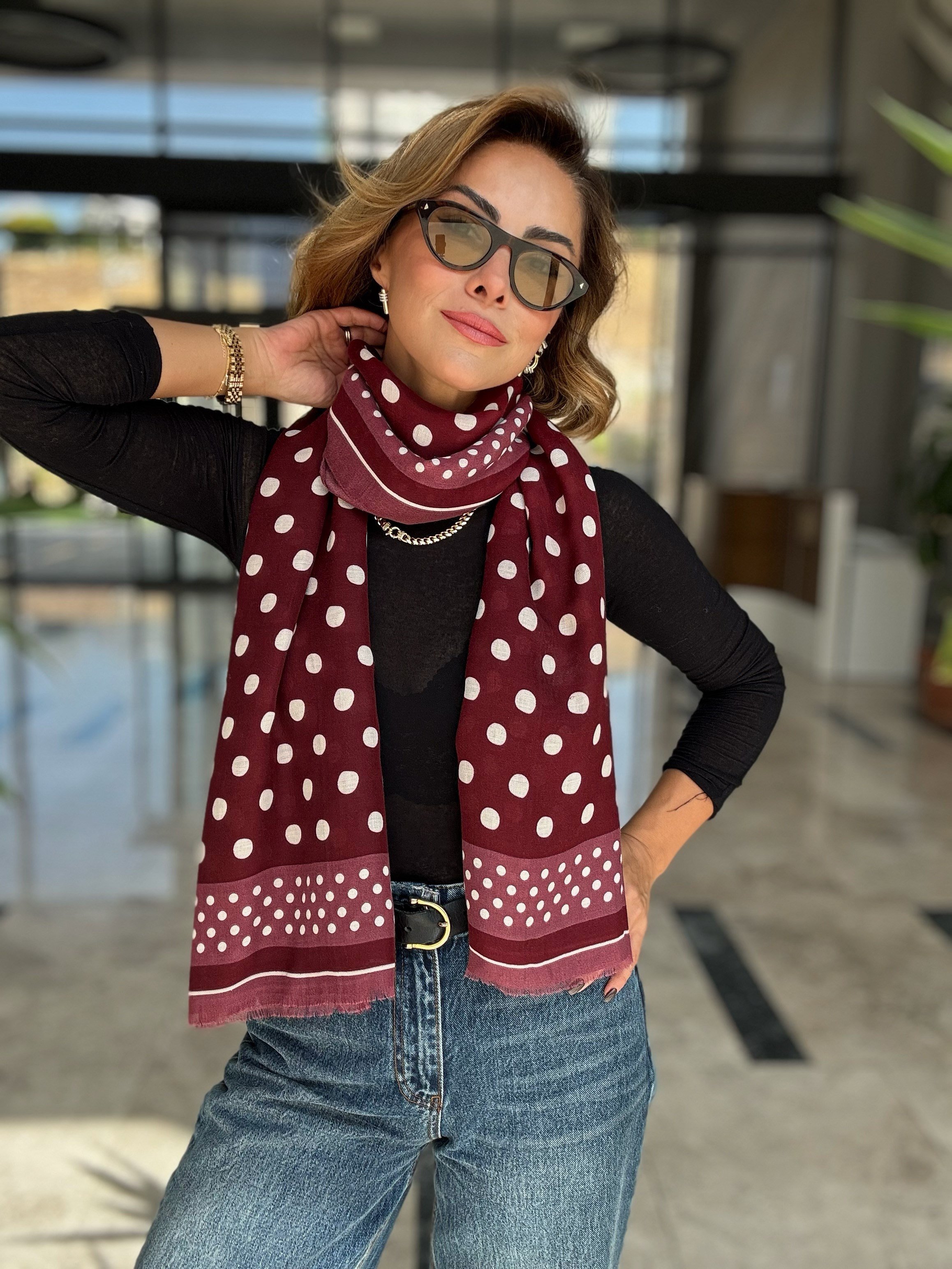 Bordo Puantiye Desenli Pamuklu Şal