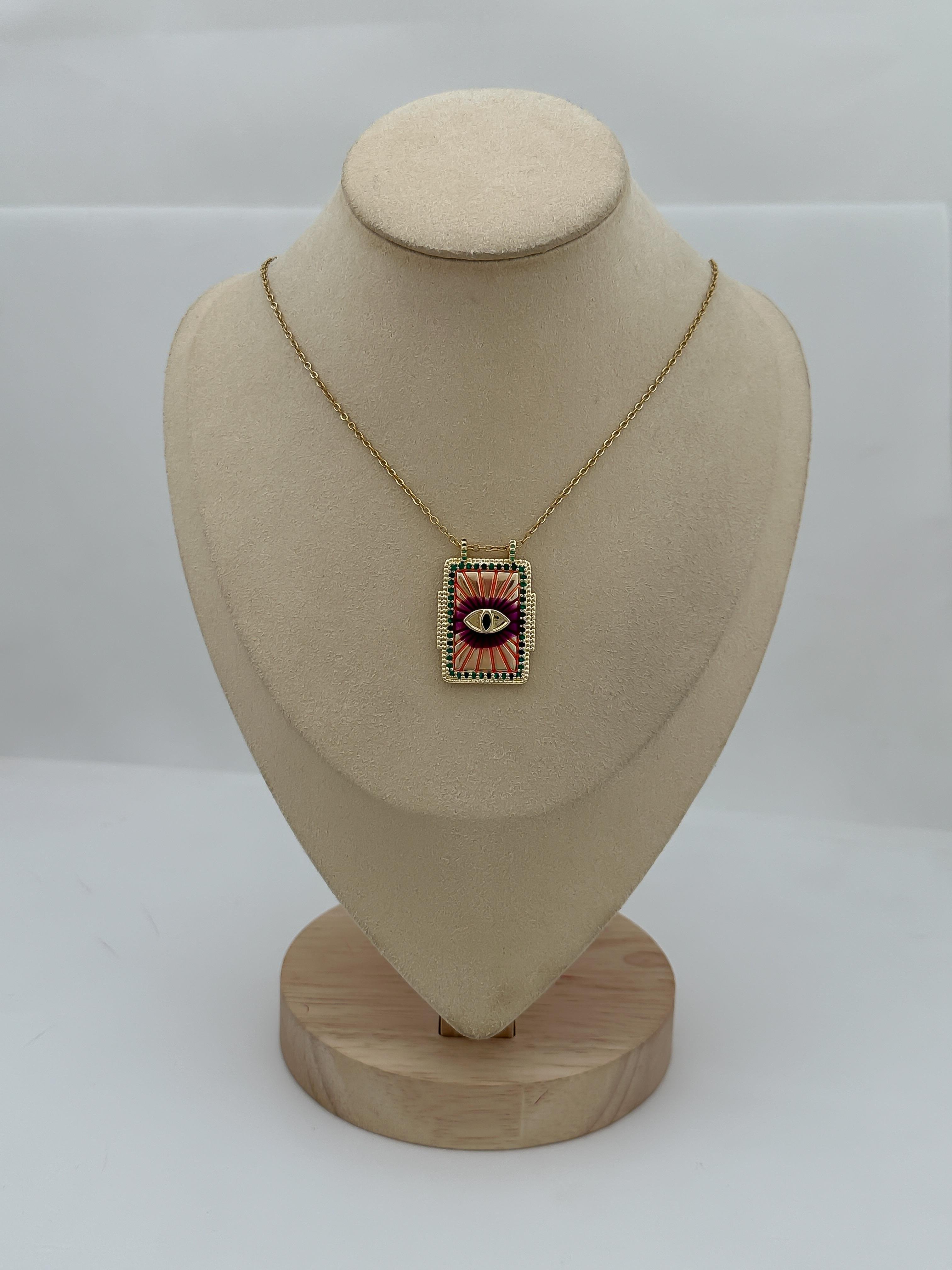 Çelik Renkli Mineli Göz Figür Detay Tablo Model Kolye (50 Cm)