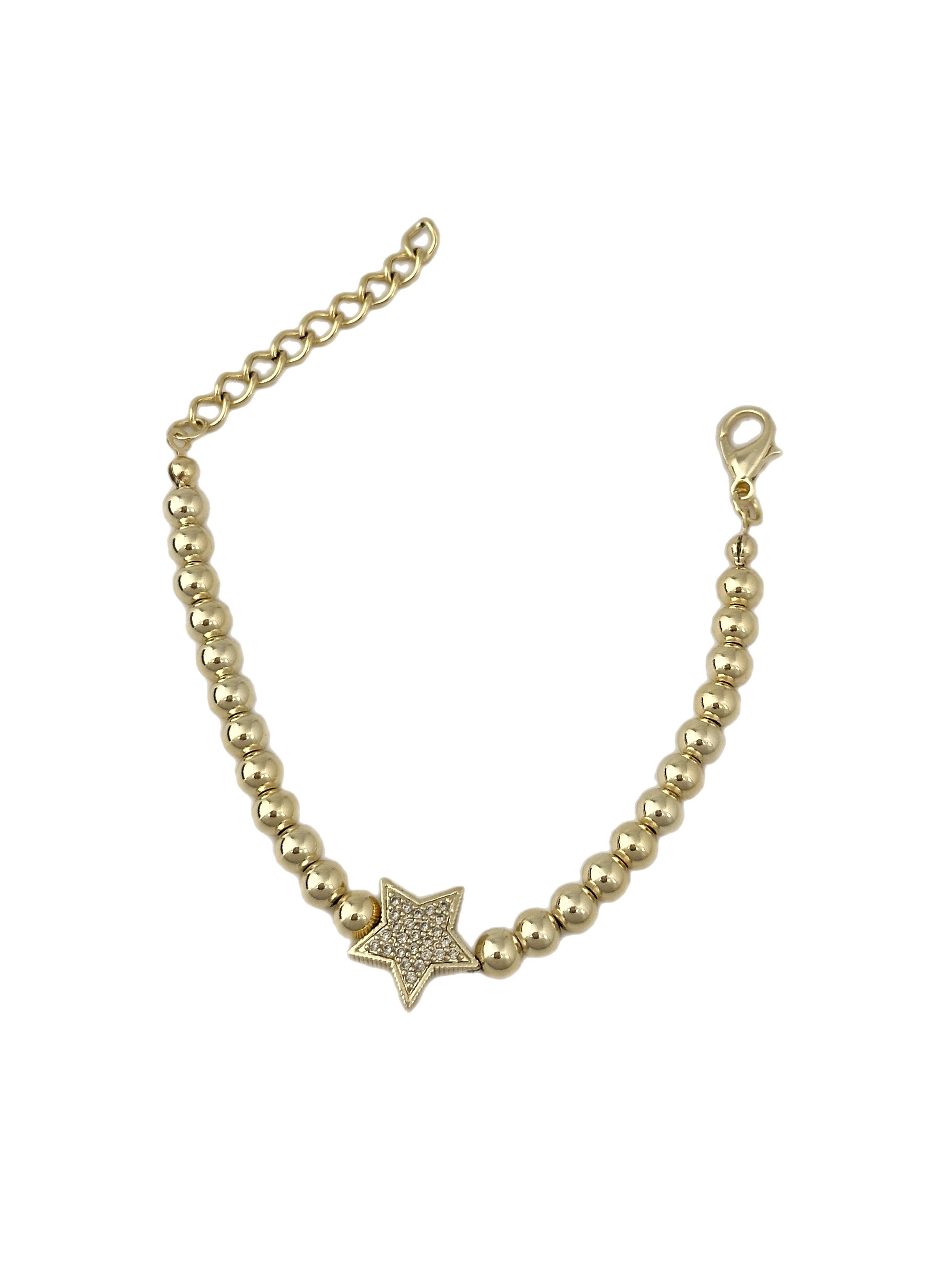 Gold Zirkon Taş Yıldız Detay Topçuk Sıralı Bileklik ( 22 Cm )