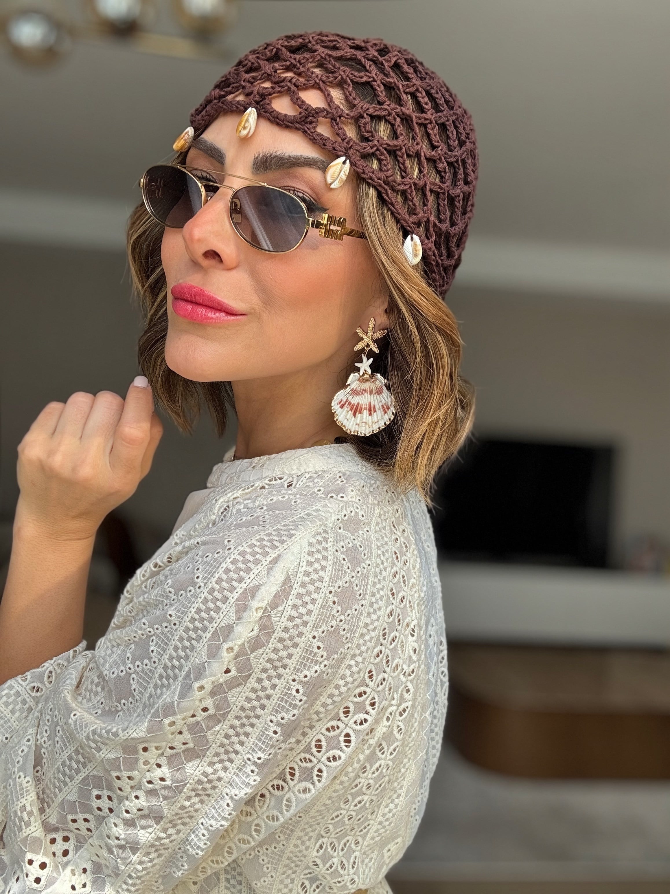 Kahverengi İstiridye Sallantılı Örme File Kep Şapka