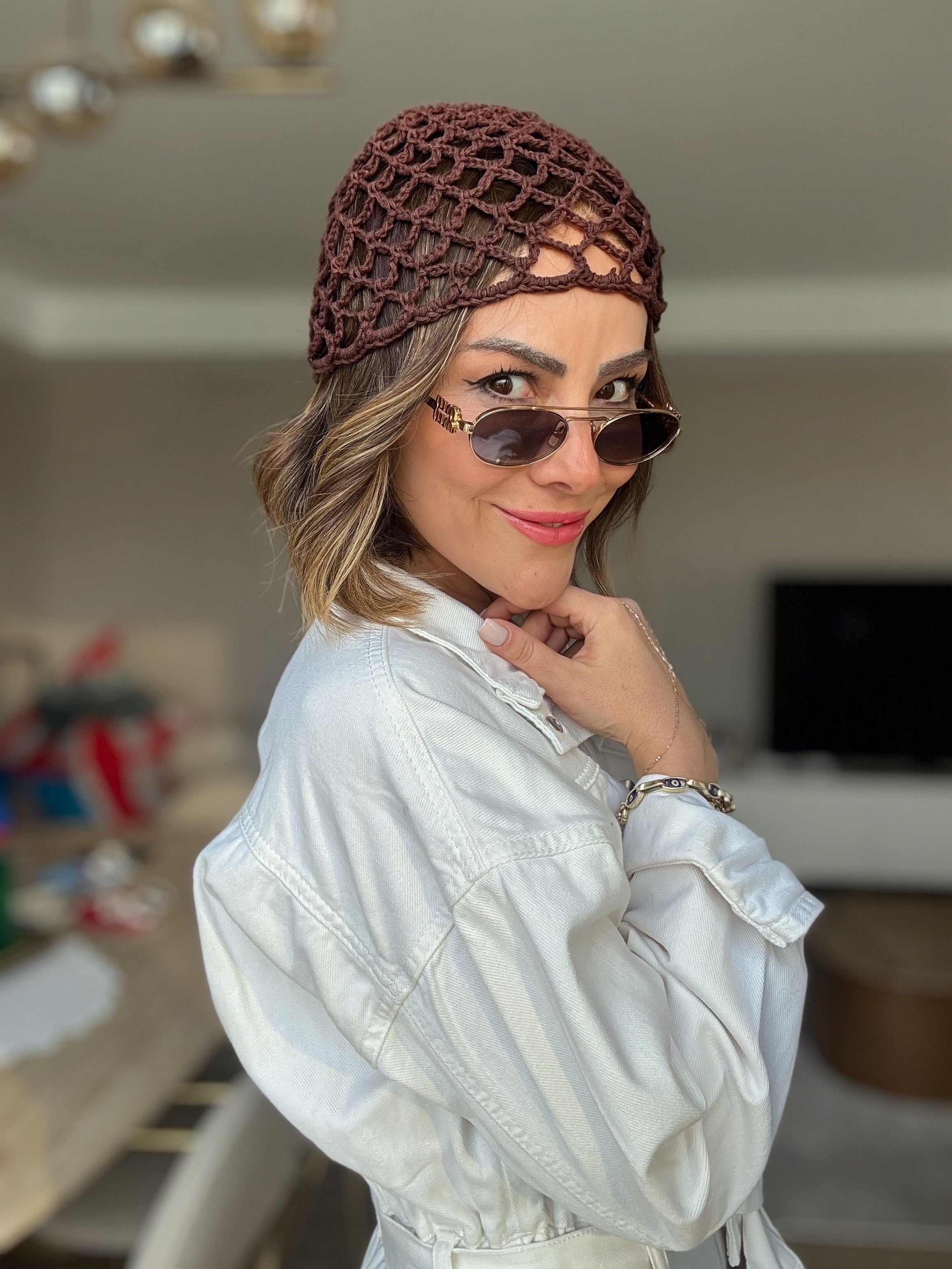 Kahverengi Örgü File Kep Şapka