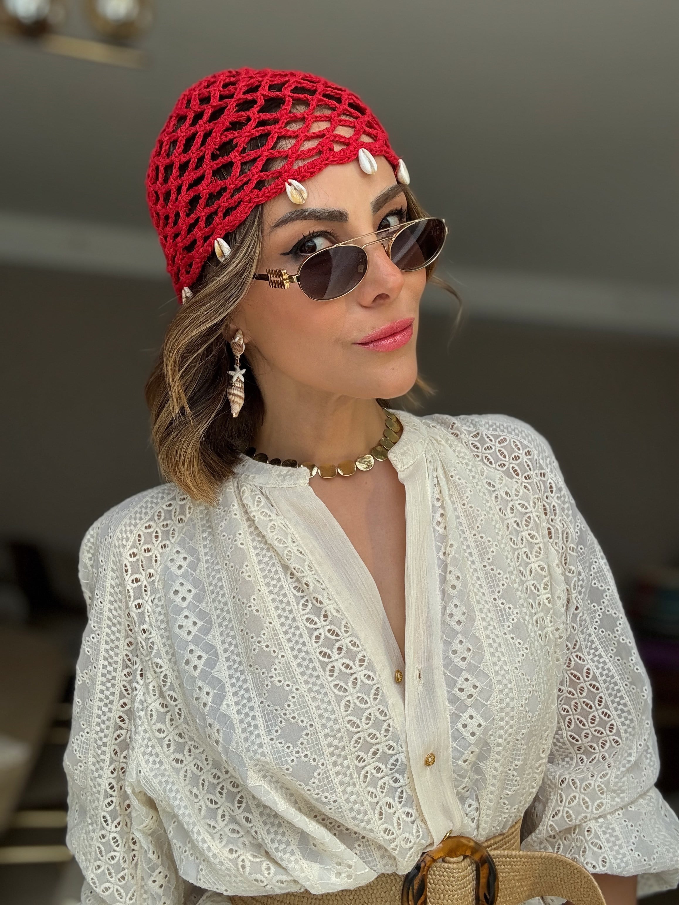 Kırmızı İstiridye Sallantılı Örme File Kep Şapka