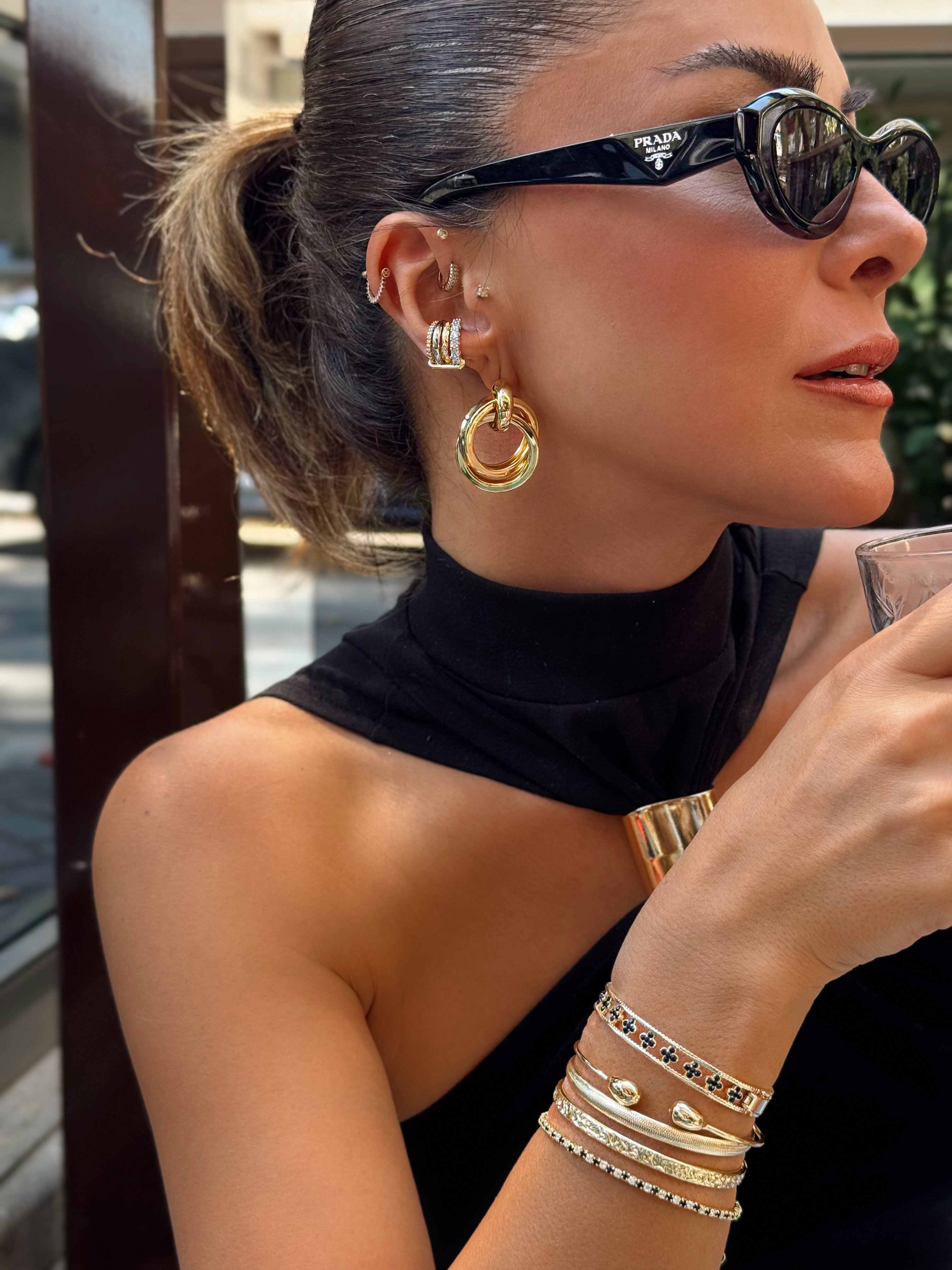 Köşeli Plaka İç İçe Geçmeli Vintage Küpe Kombini