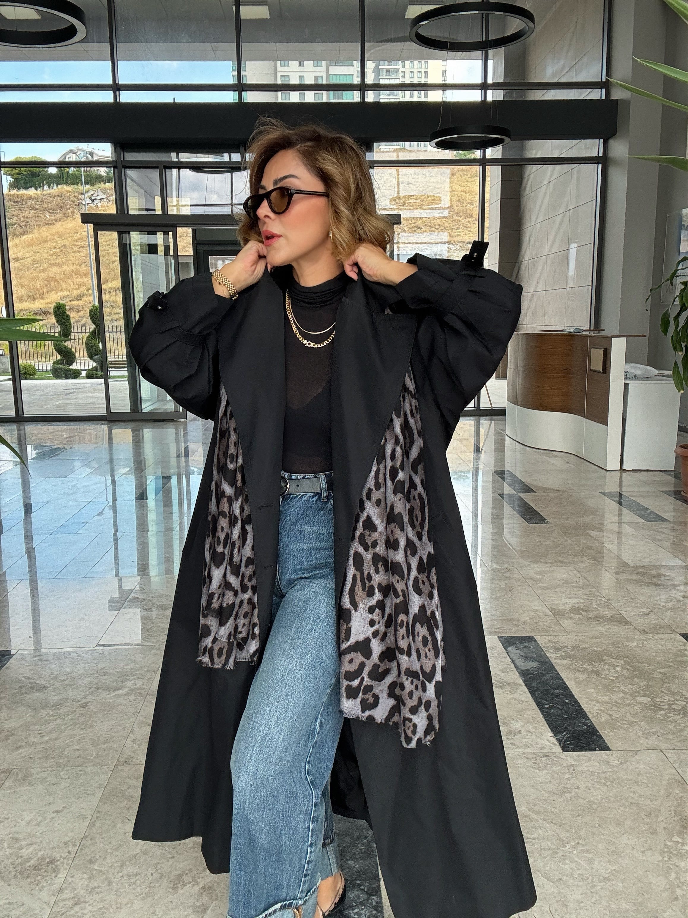 Leopar Desen Gri Pamuklu Şal