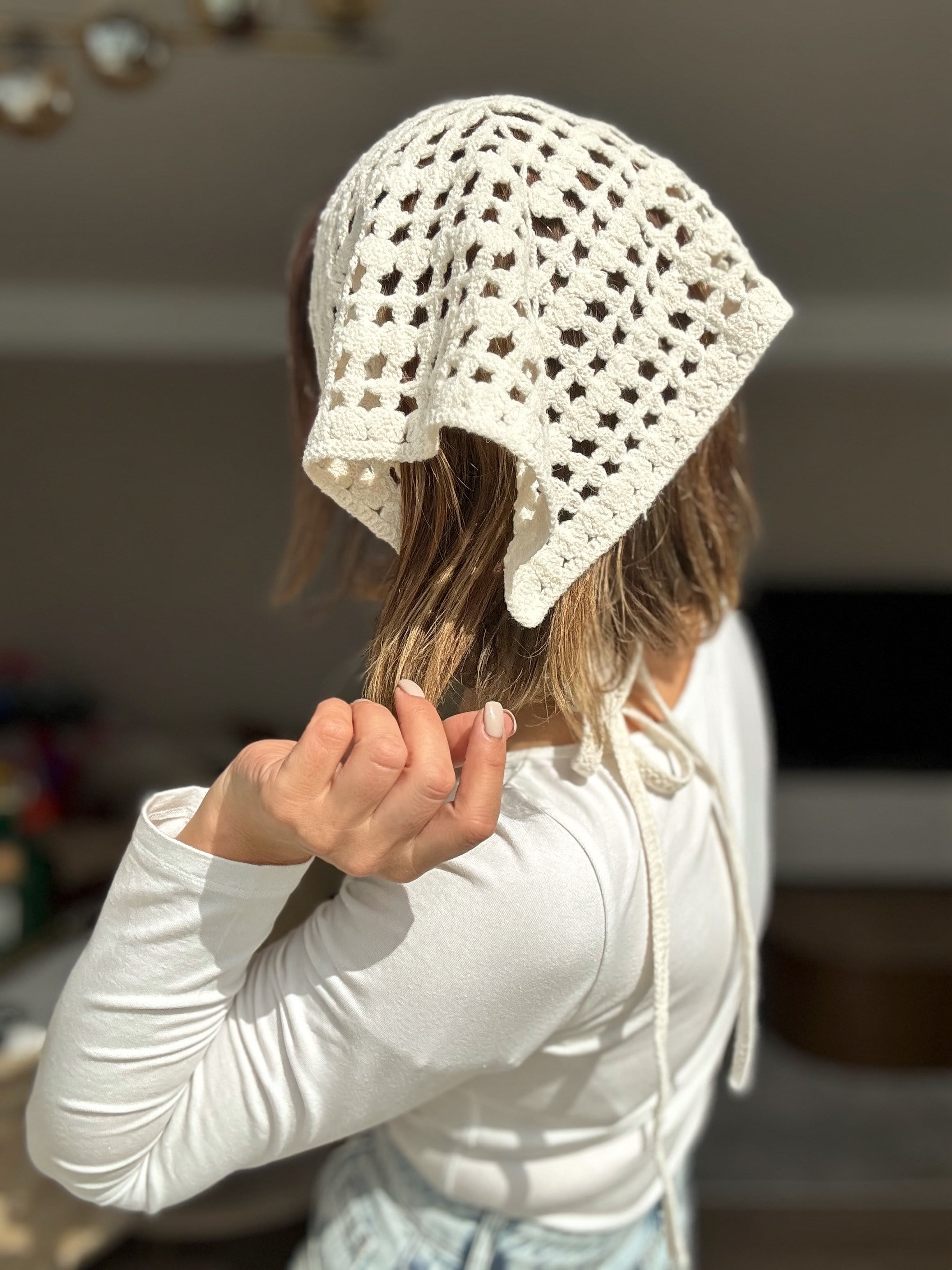 Örme İp Bağlamalı Ekru Çok Amaçlı Bandana