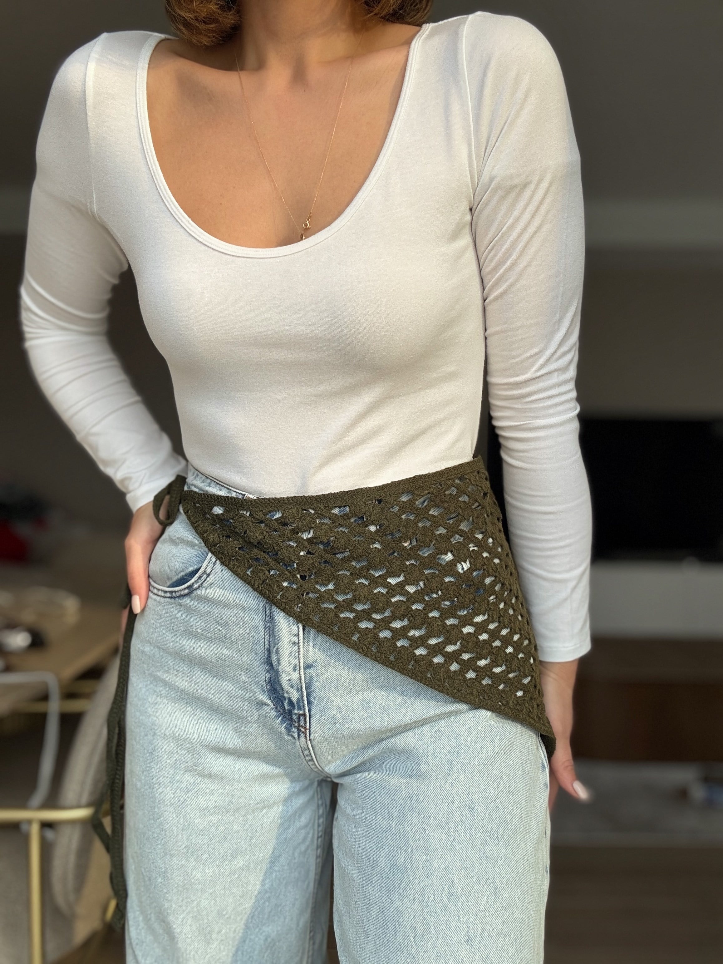 Örme İp Bağlamalı Haki Yeşil Çok Amaçlı Bandana