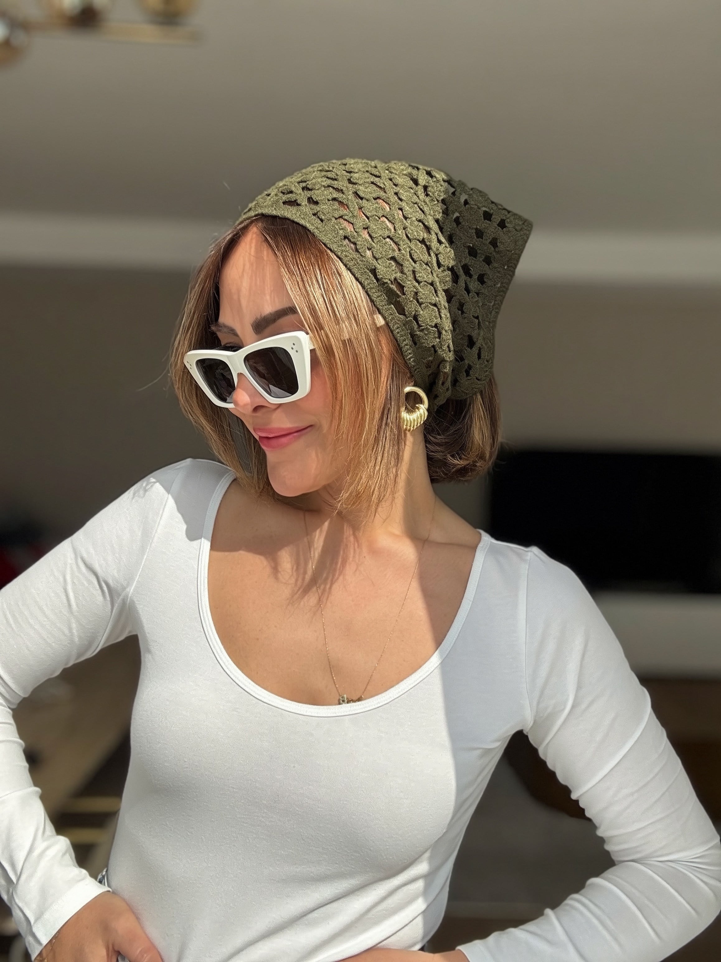 Örme İp Bağlamalı Haki Yeşil Çok Amaçlı Bandana