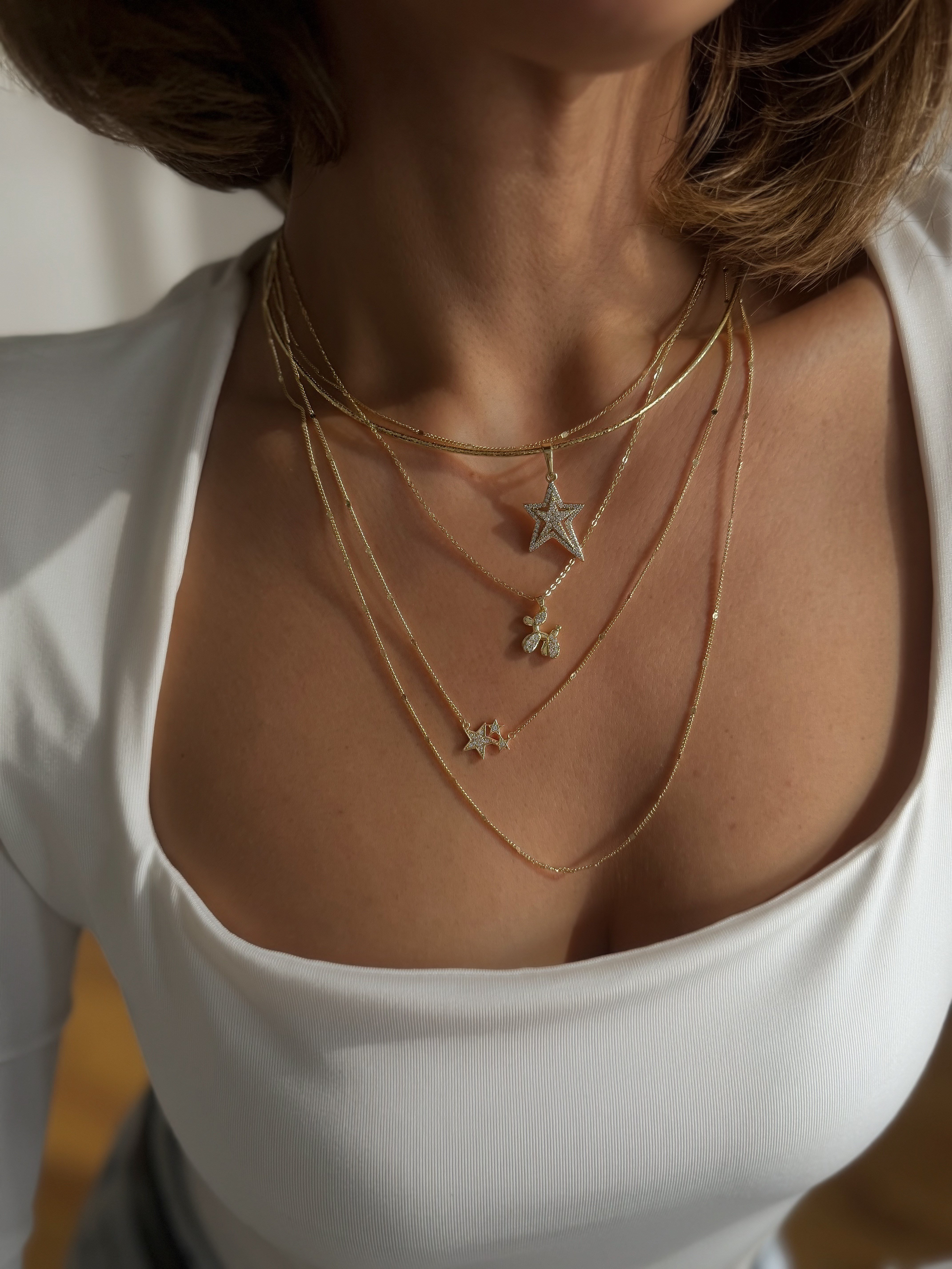 Özel Seri Asimetrik Yıldız Zirkon Taş Detay Tel Choker Kolye Kombini