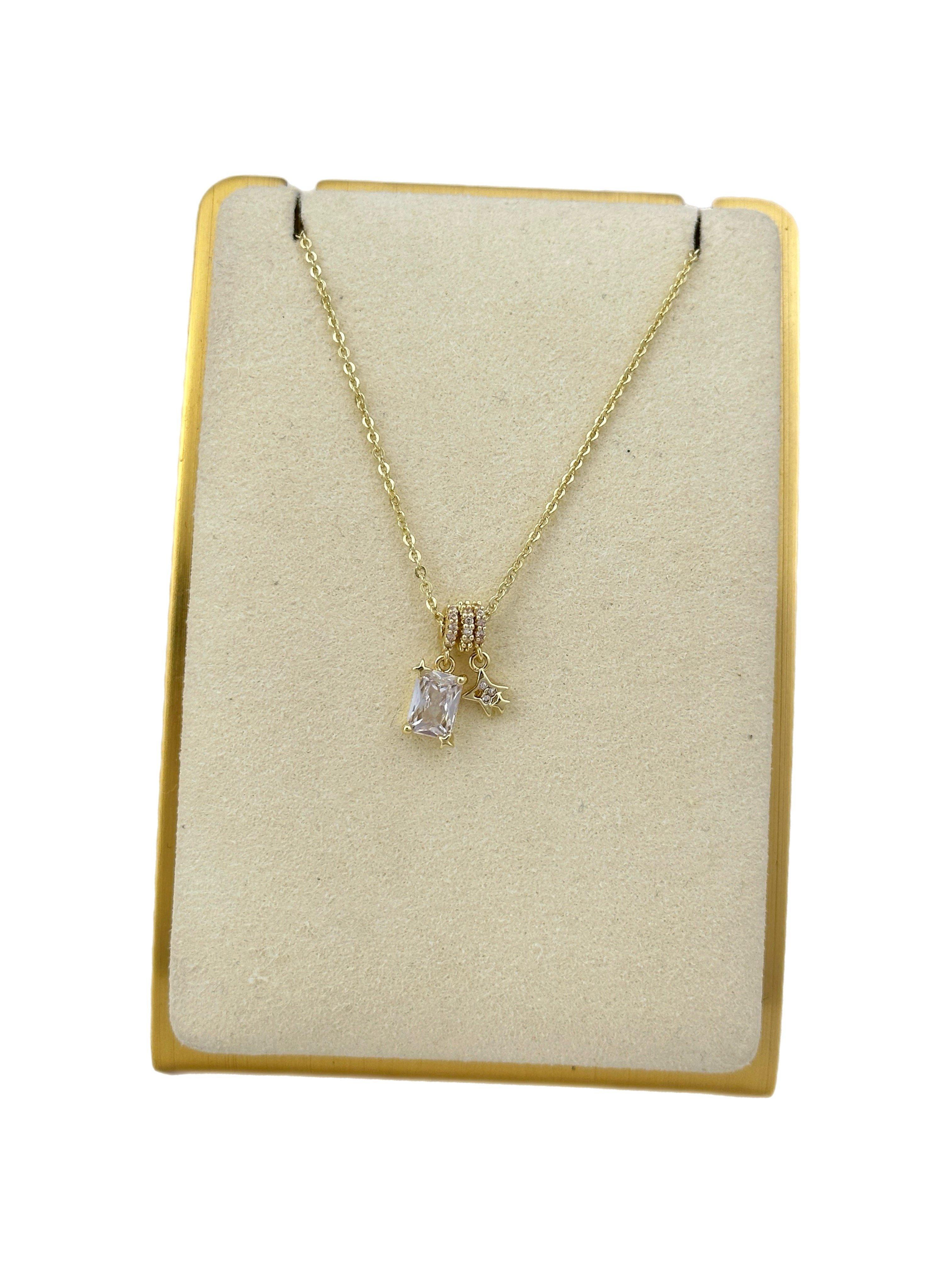 Özel Seri Dikdörtgen Zirkon Taş Detay Charm Kolye ( 52 Cm )