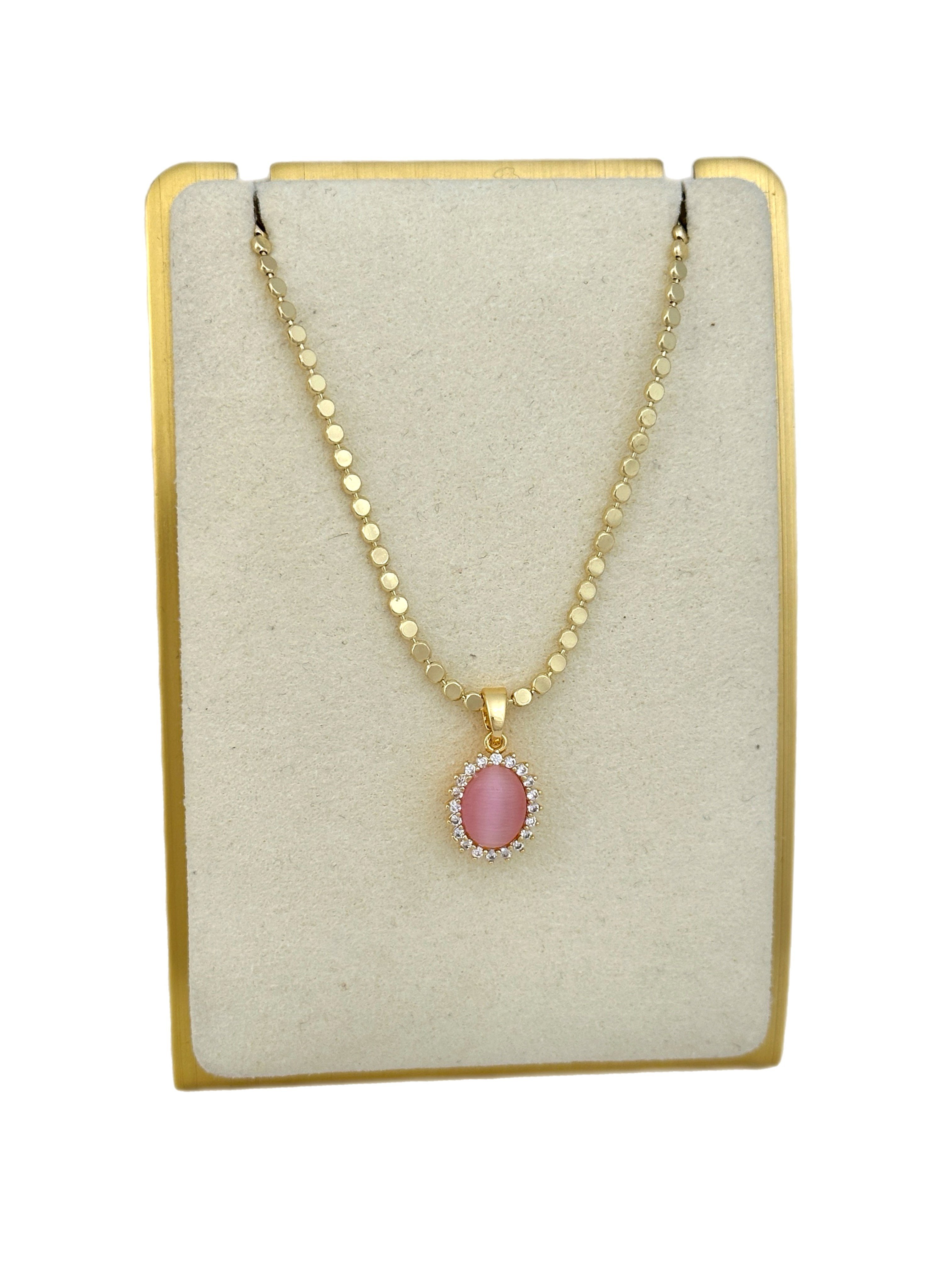 Özel Seri Ezme Zincirde Oval Zirkon Taşlı Çerçeve Pembe Taş Detay Kolye ( 52 Cm)
