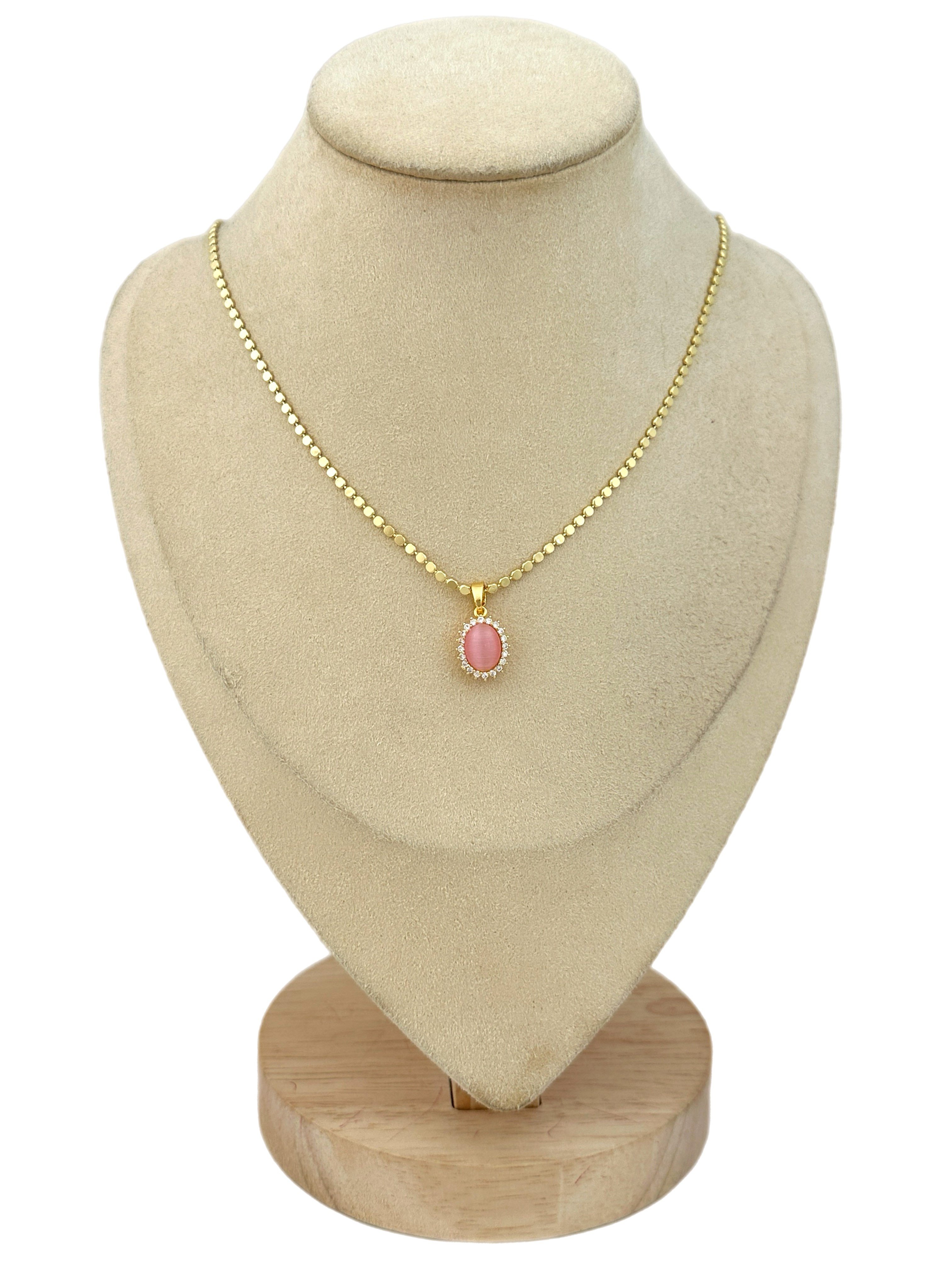 Özel Seri Ezme Zincirde Oval Zirkon Taşlı Çerçeve Pembe Taş Detay Kolye ( 52 Cm)