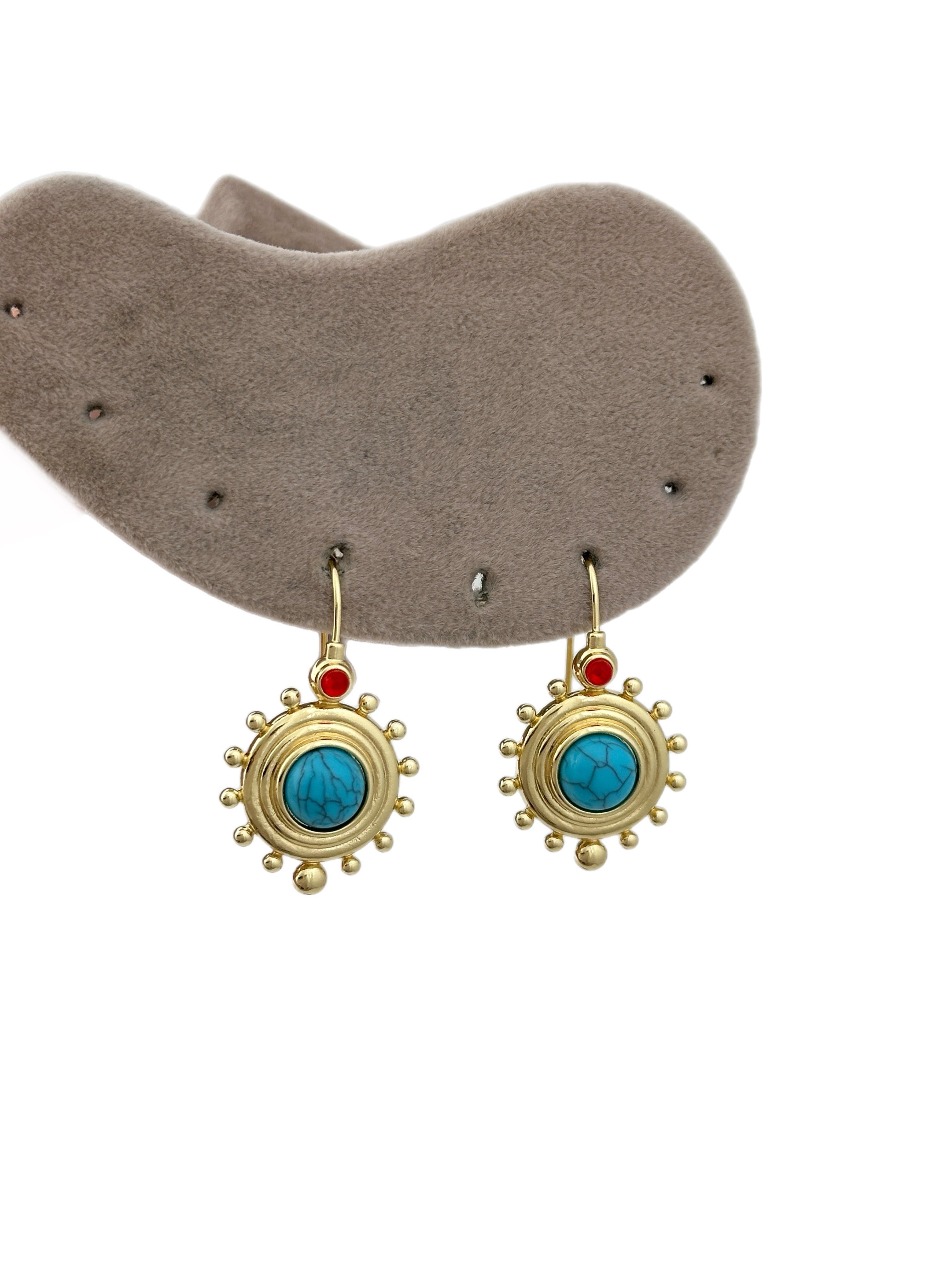 Özel Seri Firuze Taşlı Ve Topçuk Kenar Gold Detay Vintage Küpe