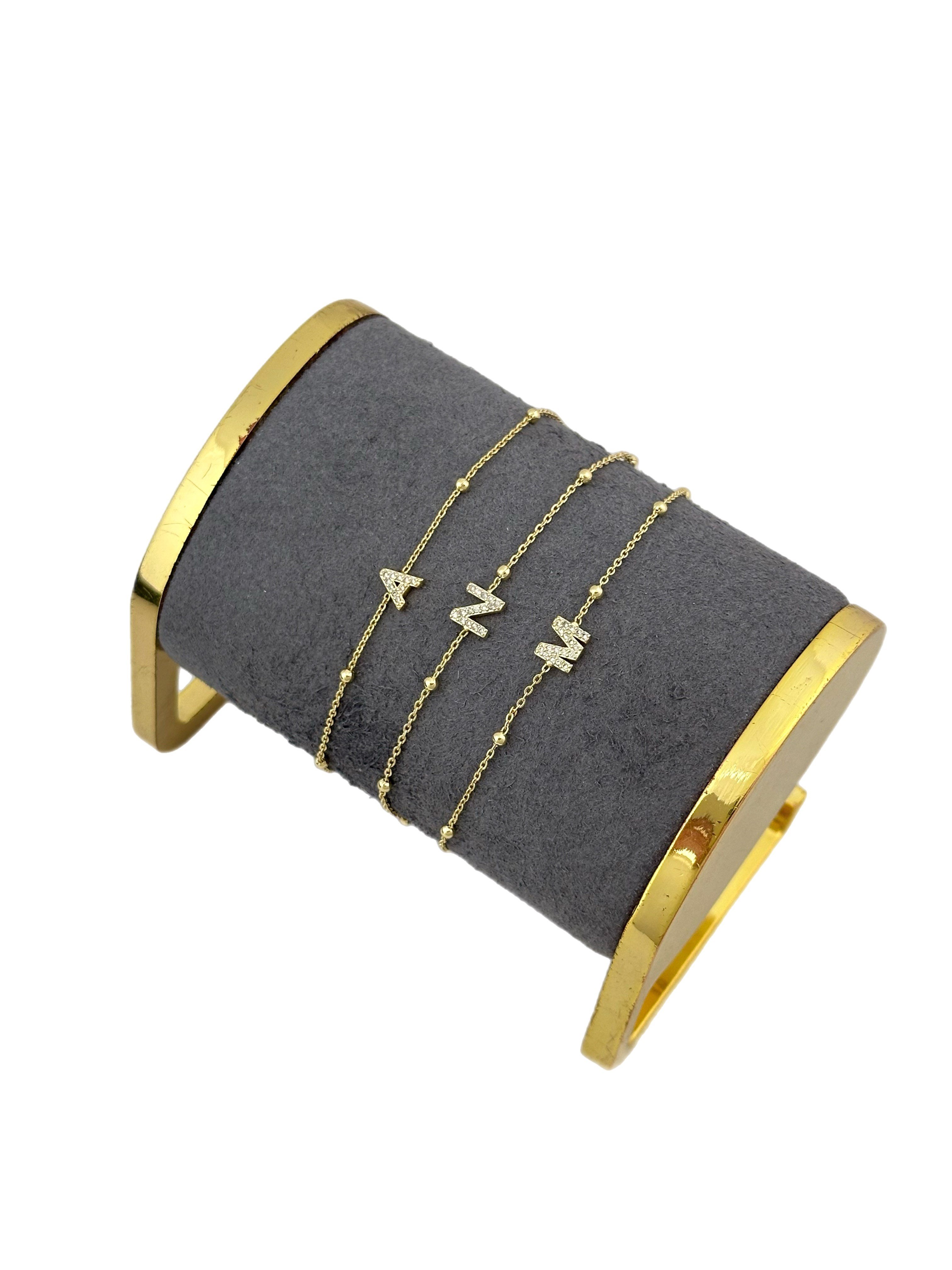 Özel Seri Gold Renk Zirkon Taşlı Topçuklu Zincir Harf Bileklik ( 20 Cm )