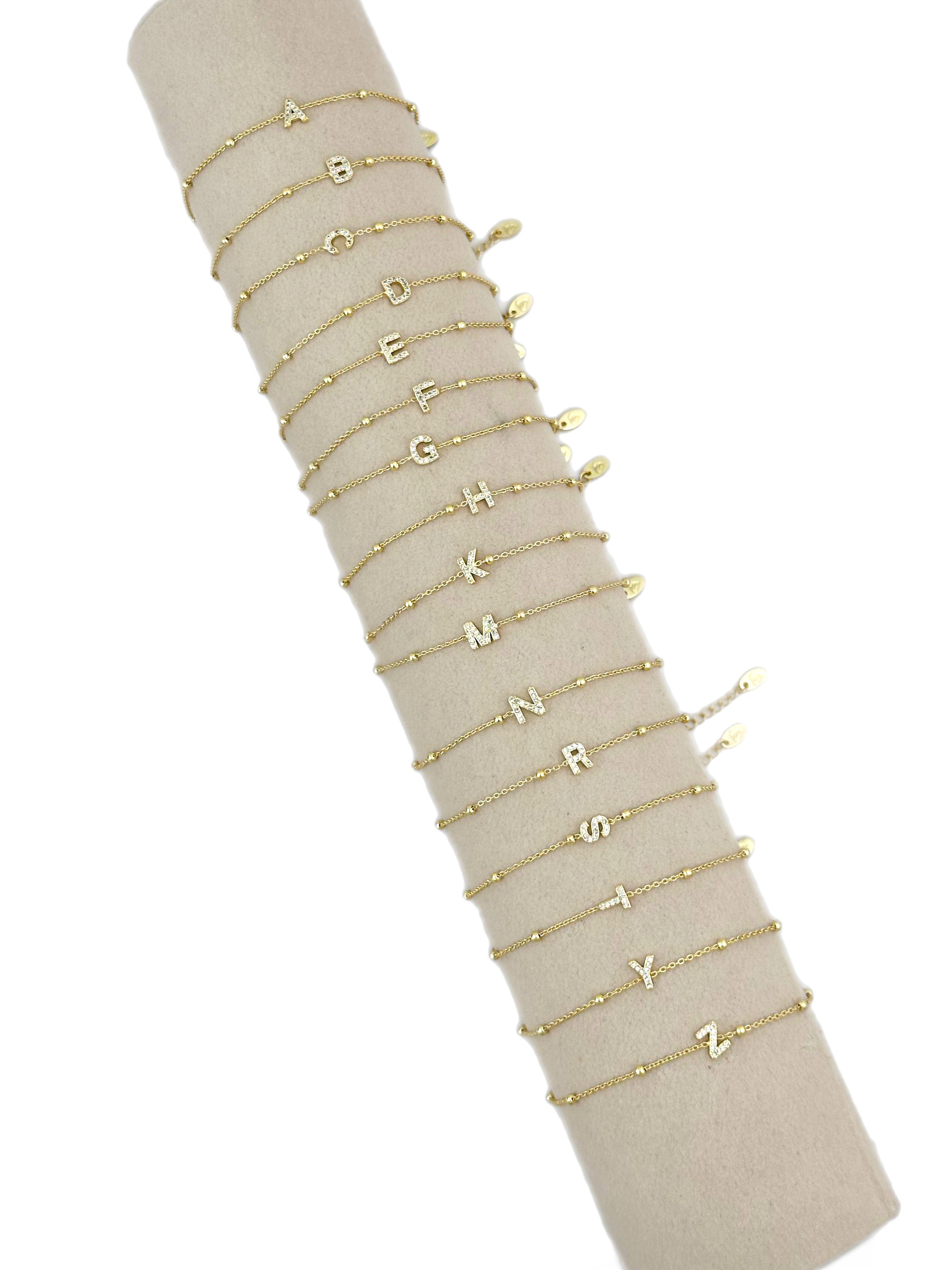 Özel Seri Gold Renk Zirkon Taşlı Topçuklu Zincir Harf Bileklik ( 20 Cm )