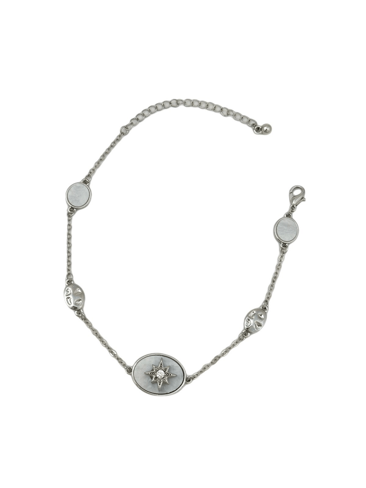 Özel Seri Kuzey Yıldız Detay Beyaz Mineli Oval Ezme Plaka Sıralı Zincir Bileklik (24 Cm)
