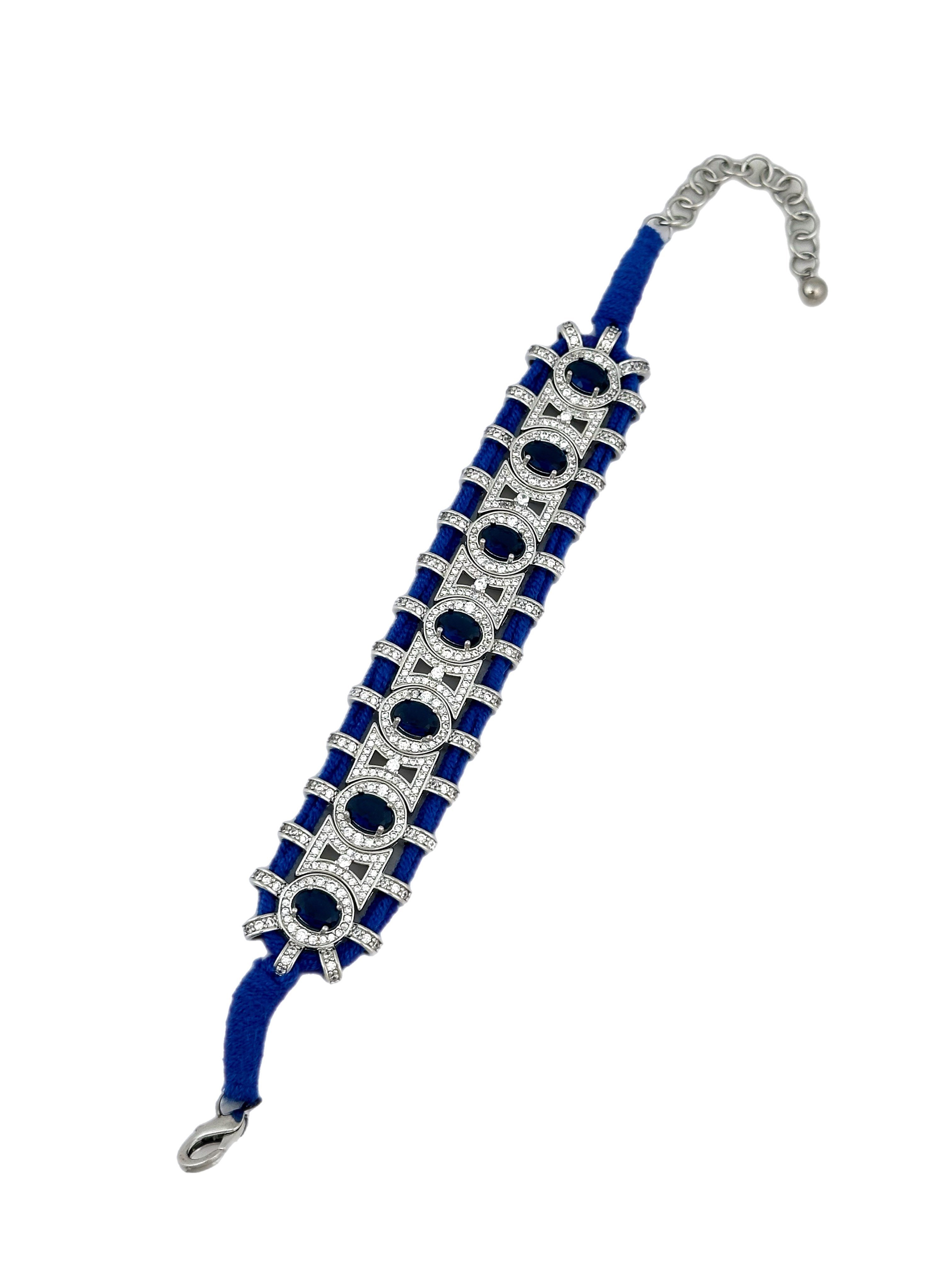 Özel Seri Mavi Örme İpli Lacivert Oval ve Zirkon Taşlı Tasarım Bileklik ( 22 Cm )
