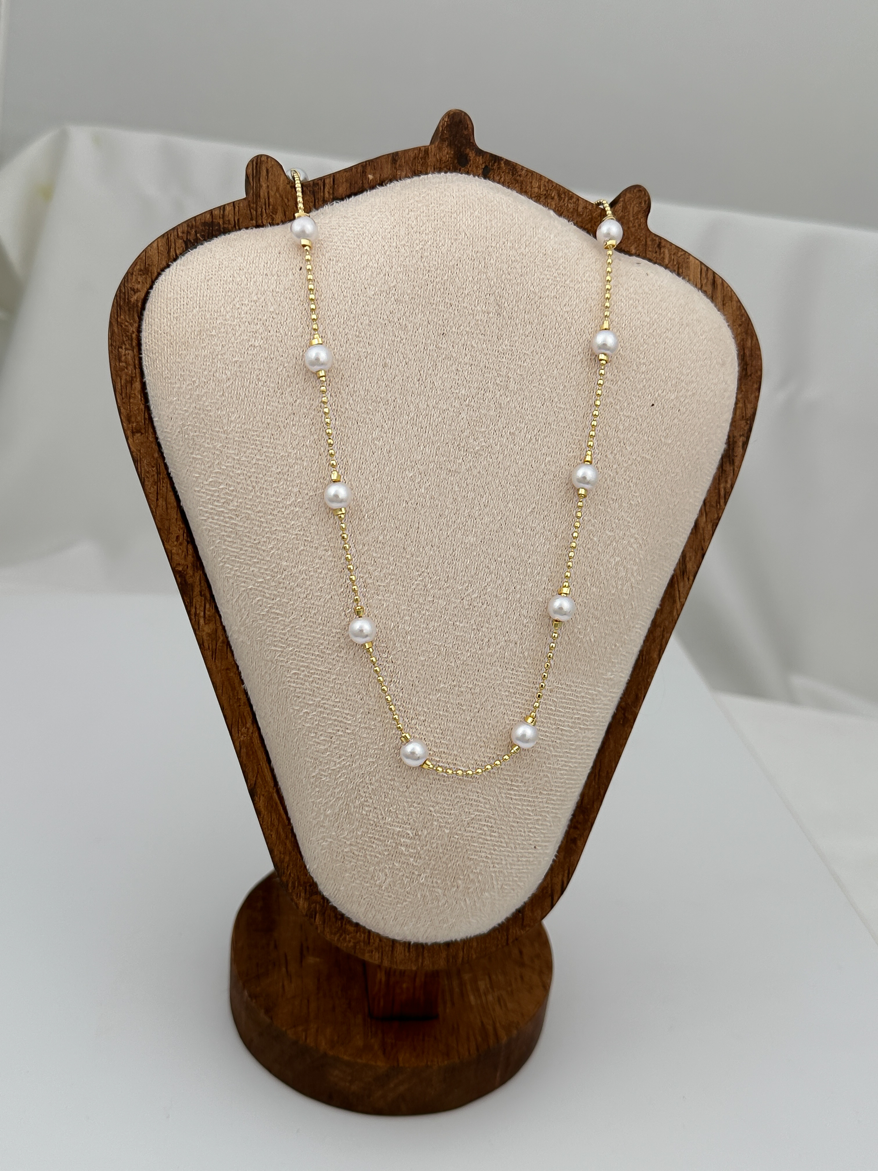 Özel Seri Mini Topçuk Zincirde İnci Sıralı Kolye (60cm)