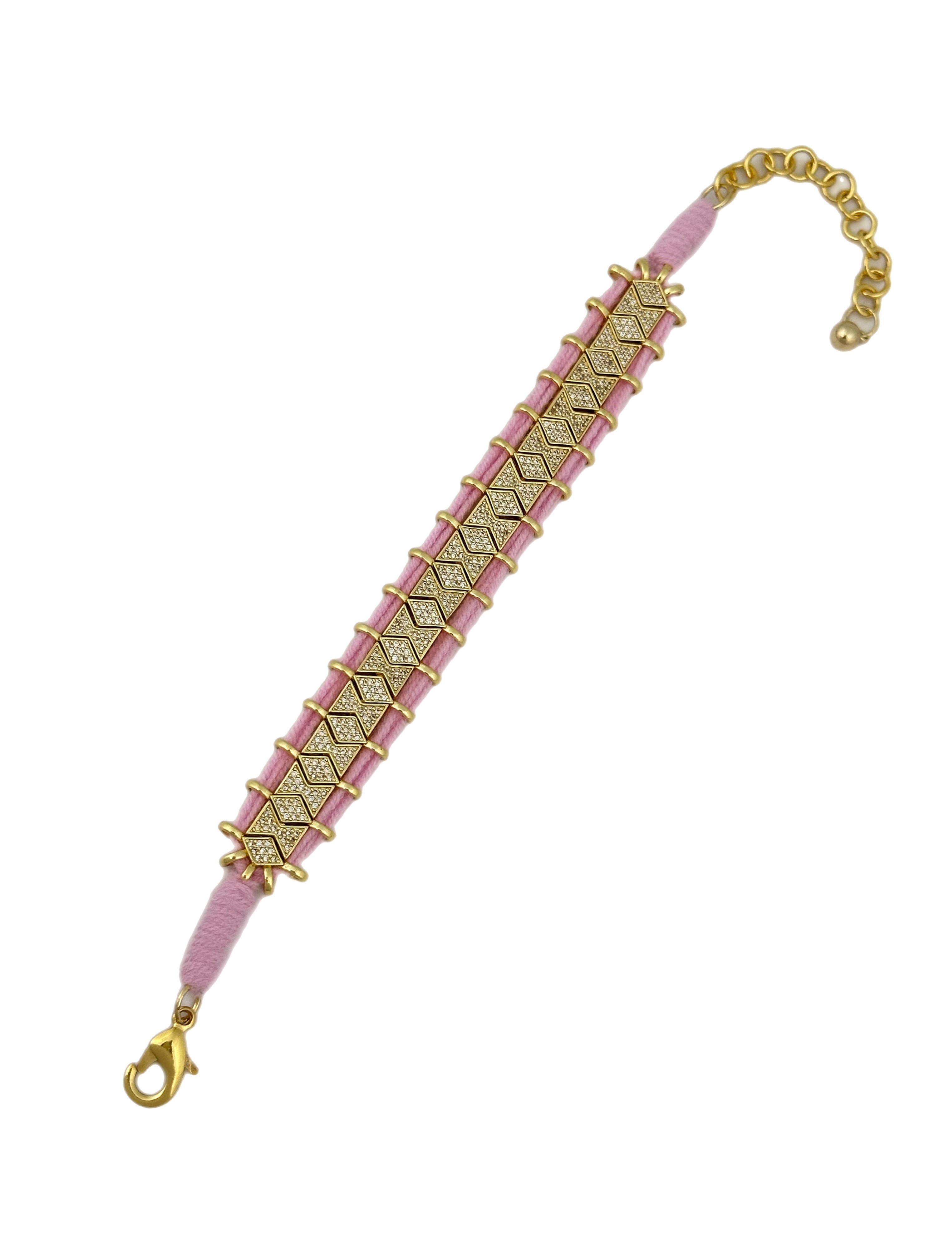 Özel Seri Pembe Örgü İpli Tasarım Zirkon Taşlı Bileklik ( 22 Cm )