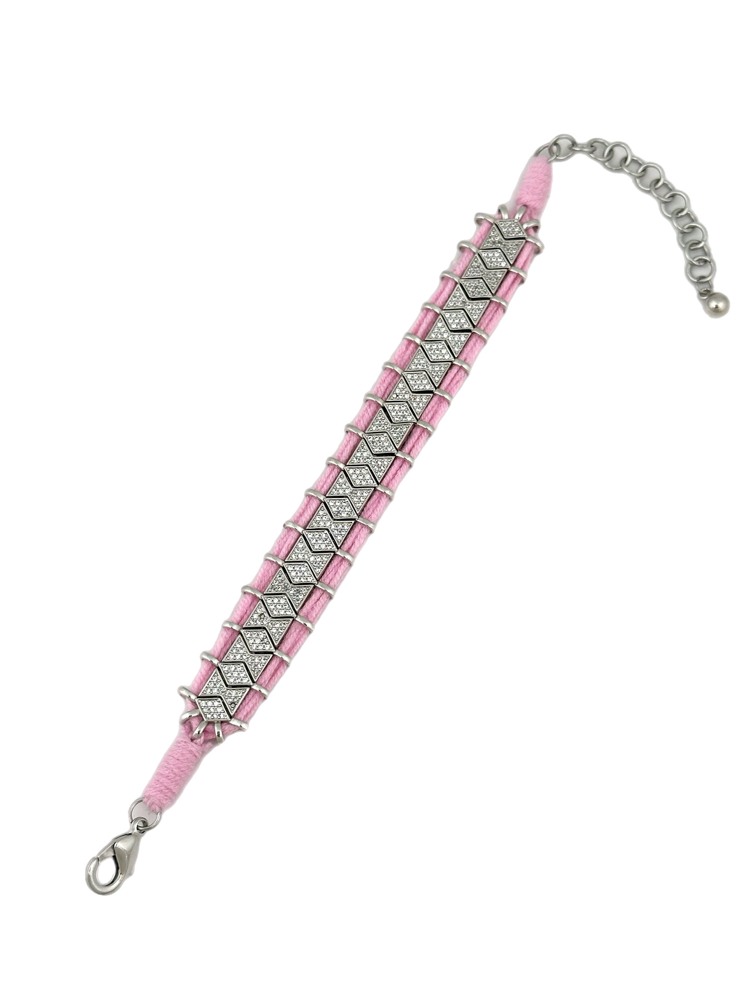 Özel Seri Pembe Örgü İpli Tasarım Zirkon Taşlı Bileklik ( 22 Cm )