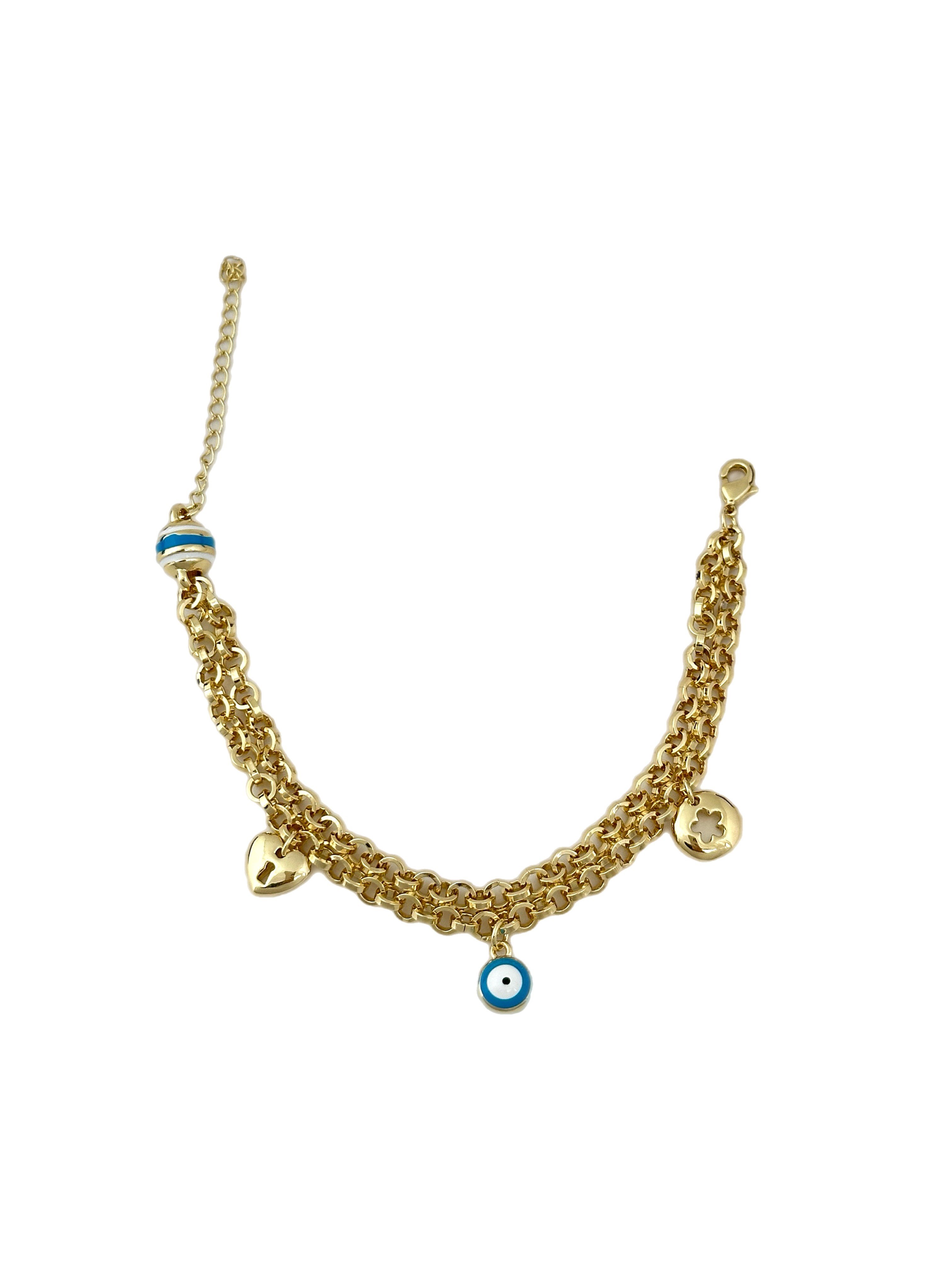 Özel Seri Renkli Mineli Çoklu Charm Sallantılı Tasarım İkili Zincir Bileklik ( 22 Cm )