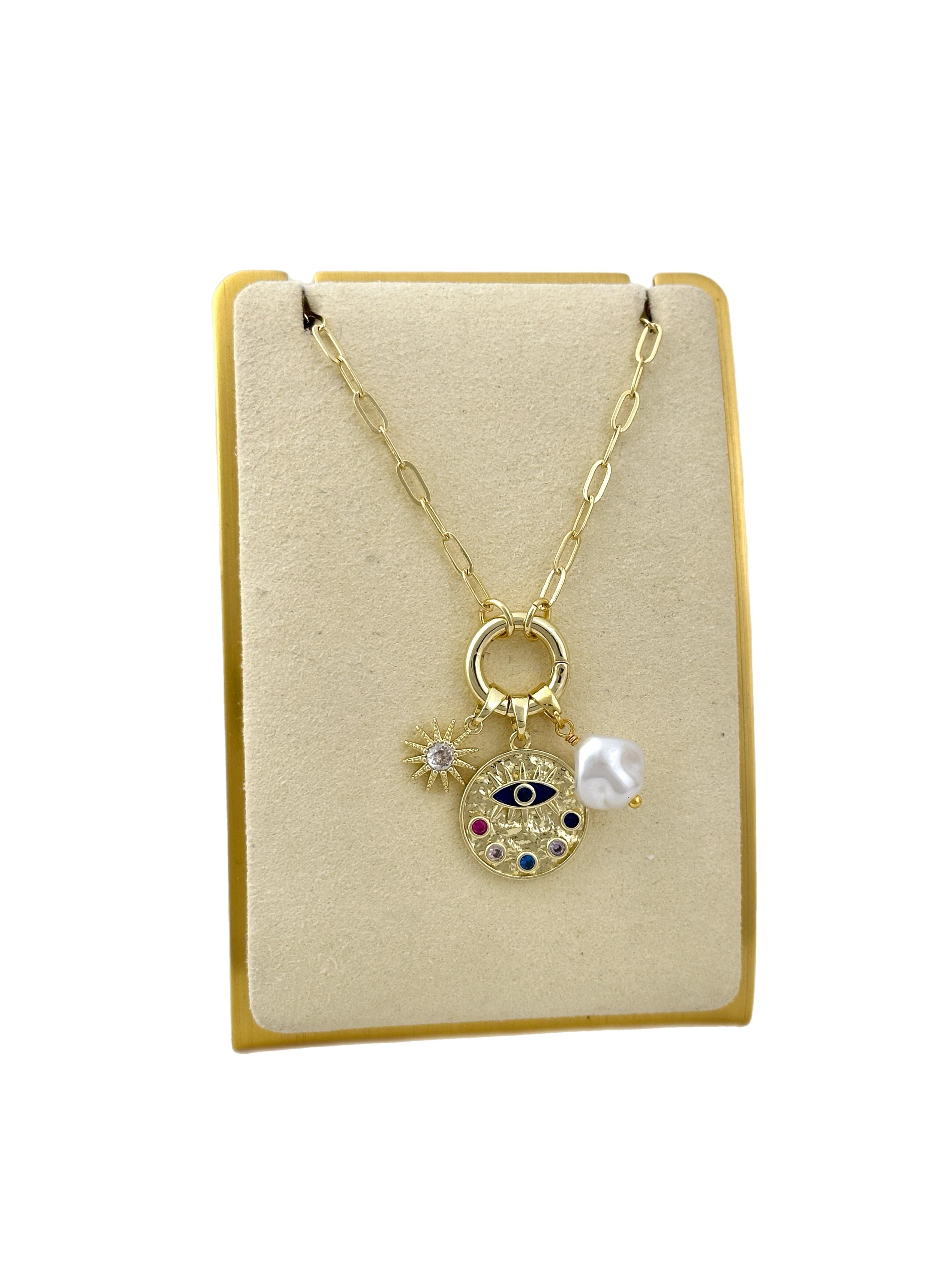 Özel Seri Renkli Zirkon Taşlı Göz Figür Çoklu Charm Kolye ( 48 Cm )