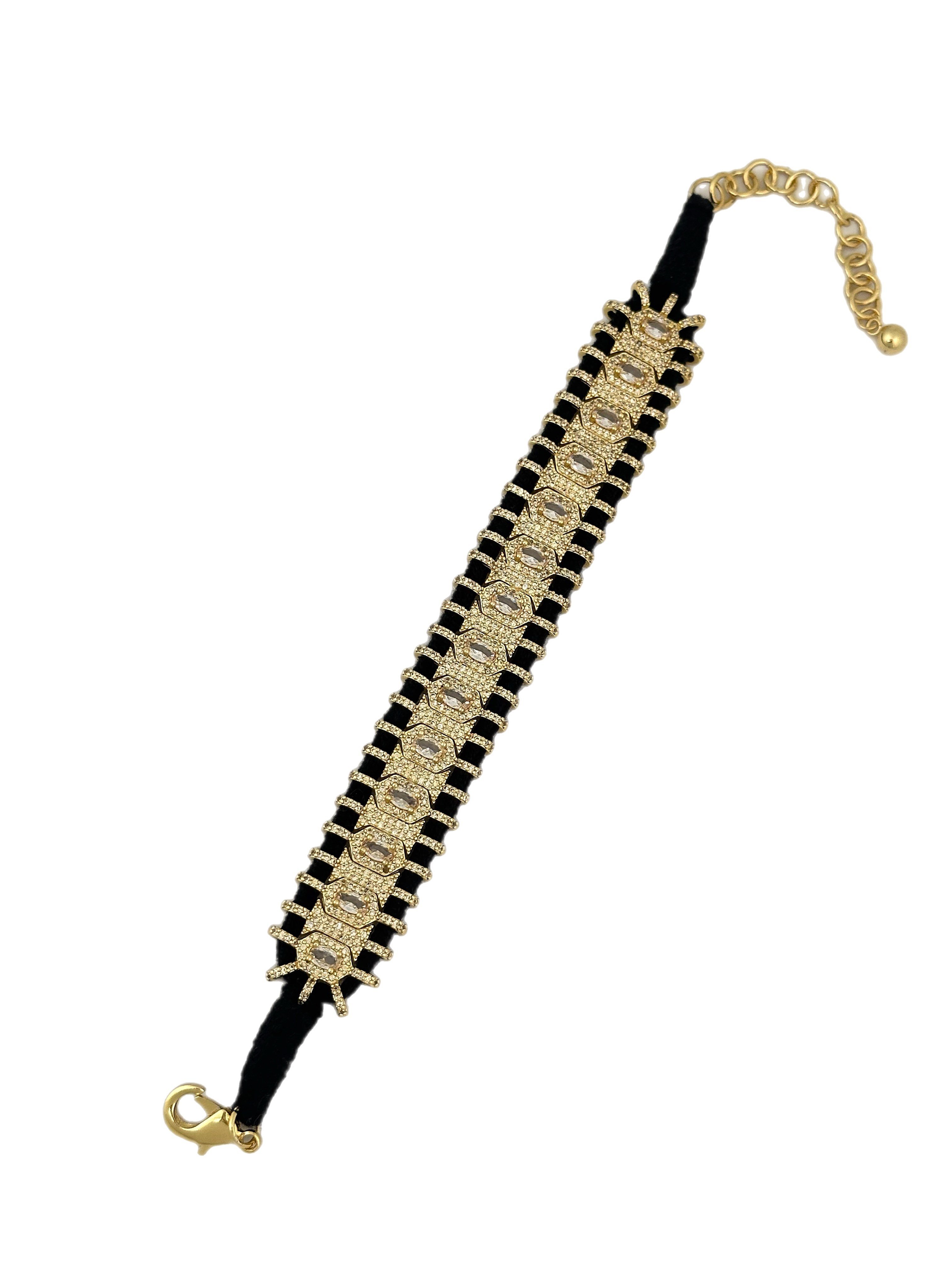 Özel Seri Siyah Örme İpli Oval ve Zirkon Taşlı Tasarım Bileklik ( 22 Cm )