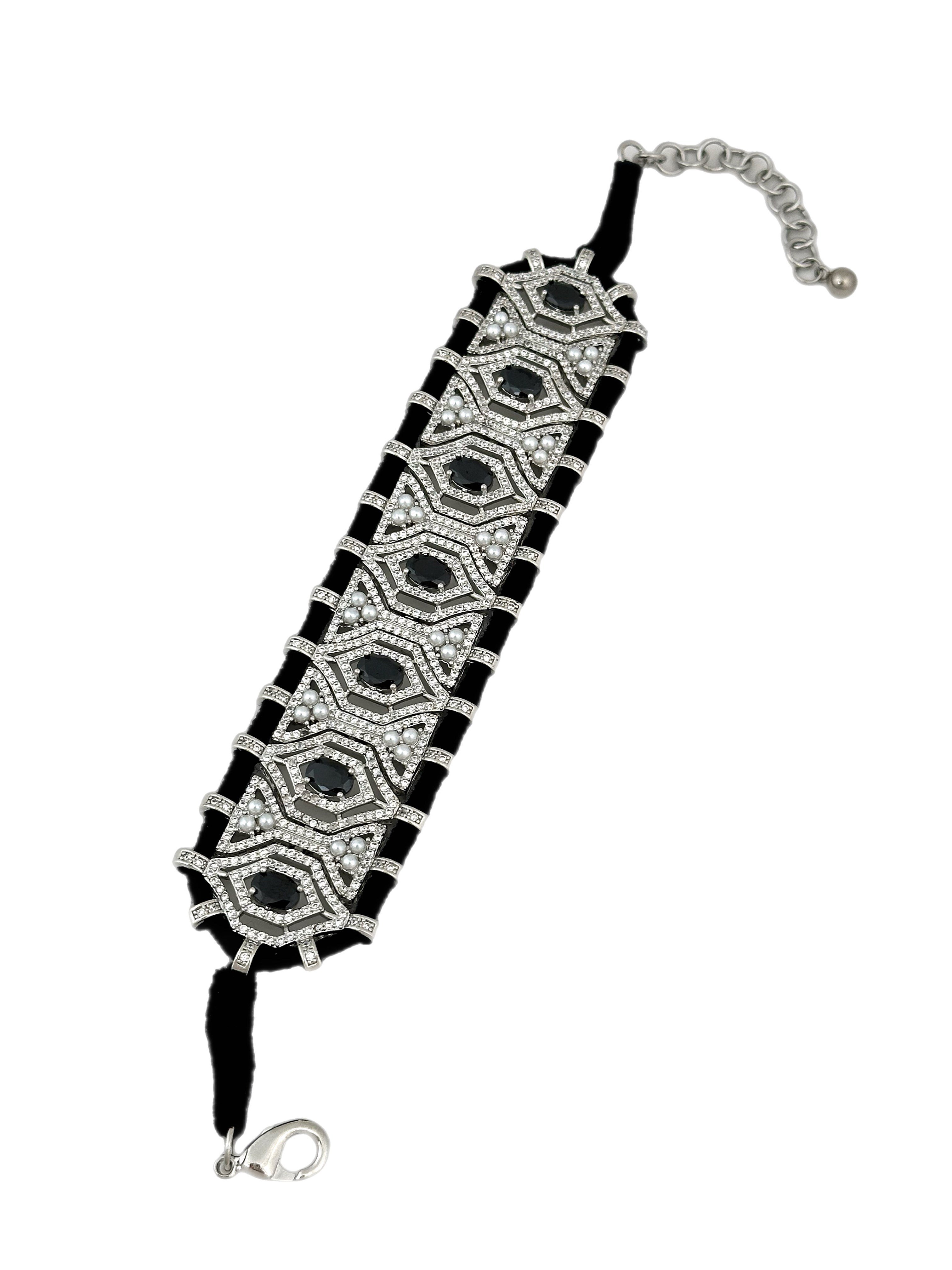 Özel Seri Siyah Örme İpli Siyah Oval ve Zirkon Taşlı Tasarım Bileklik ( 22 Cm )