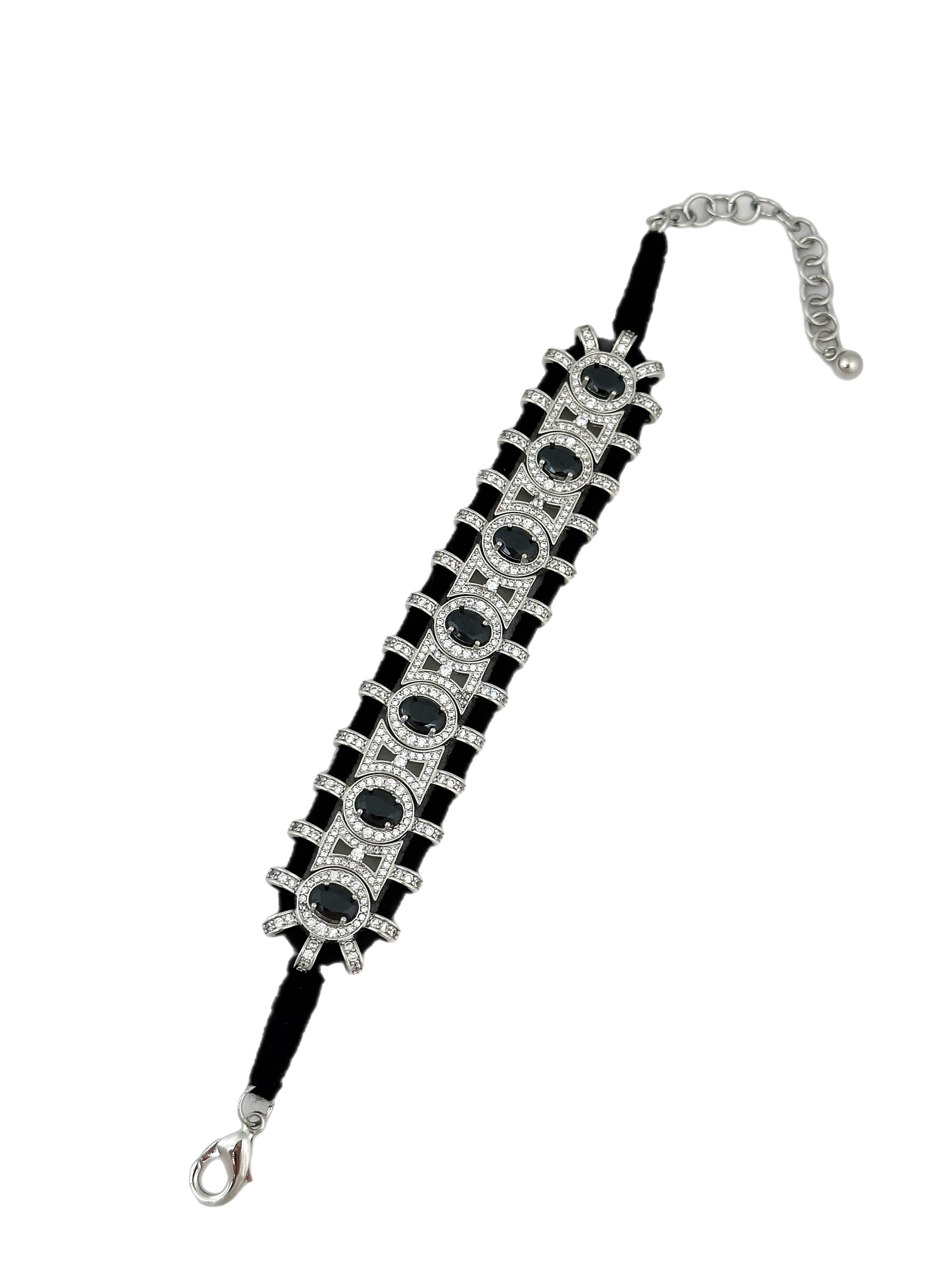 Özel Seri Siyah Örme İpli Siyah Oval ve Zirkon Taşlı Tasarım Bileklik ( 22 Cm )