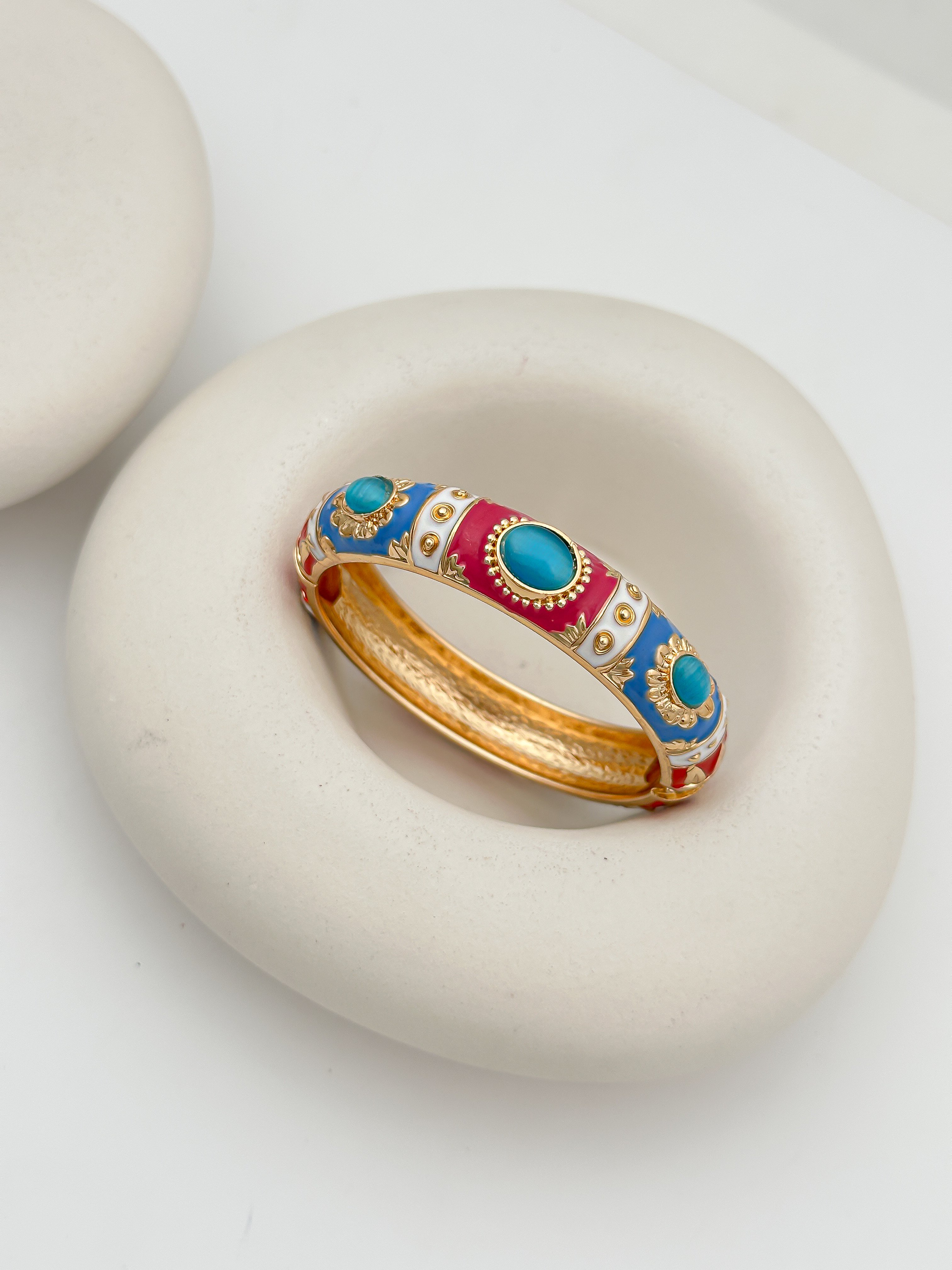 Özel Seri Turkuaz Opal Taş Detay Vintage Kelepçe Bileklik ( İç Çap: 6 Cm )