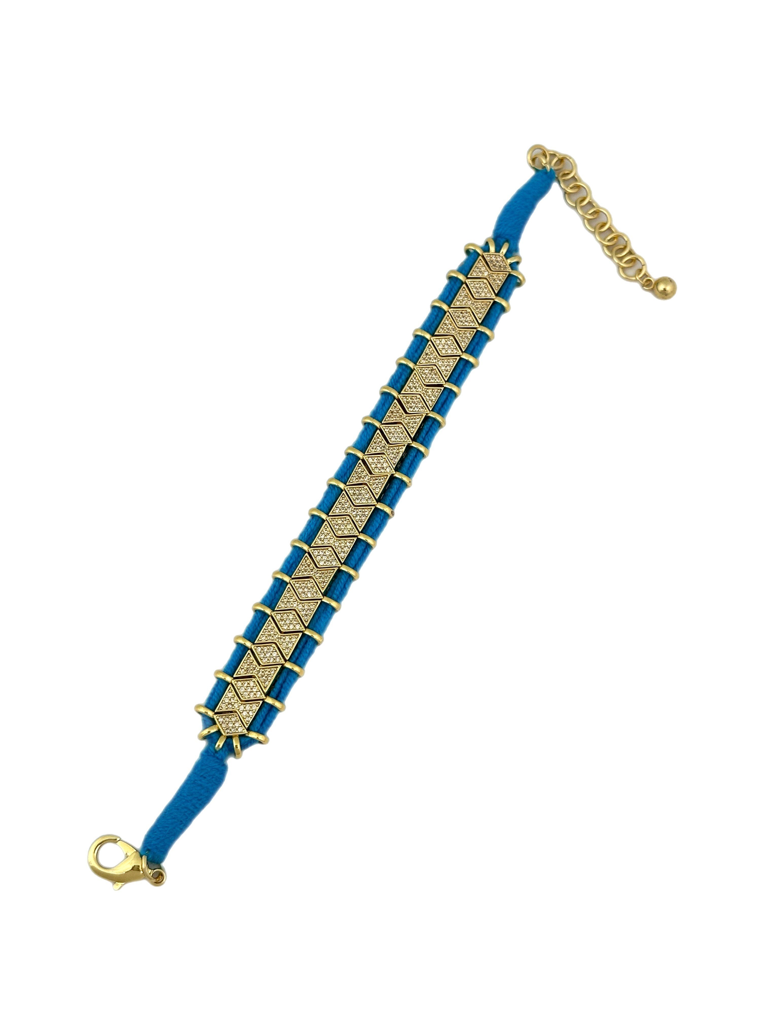 Özel Seri Turkuaz Örme İpli Zirkon Taşlı Tasarım Bileklik ( 22 Cm )