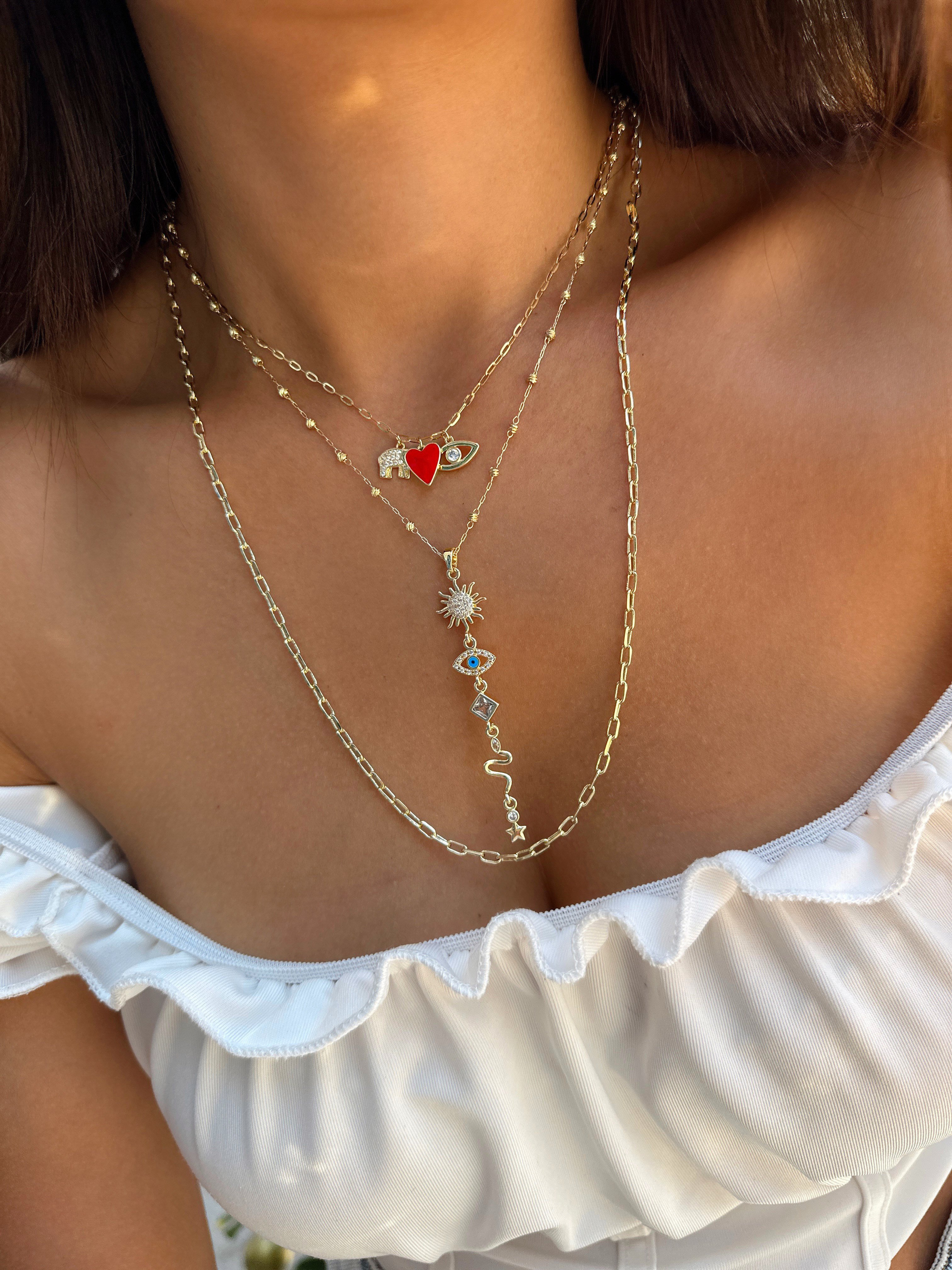 Özel Seri Zirkon Taşlı Kırmızı Mineli Charm Kolye Kombini