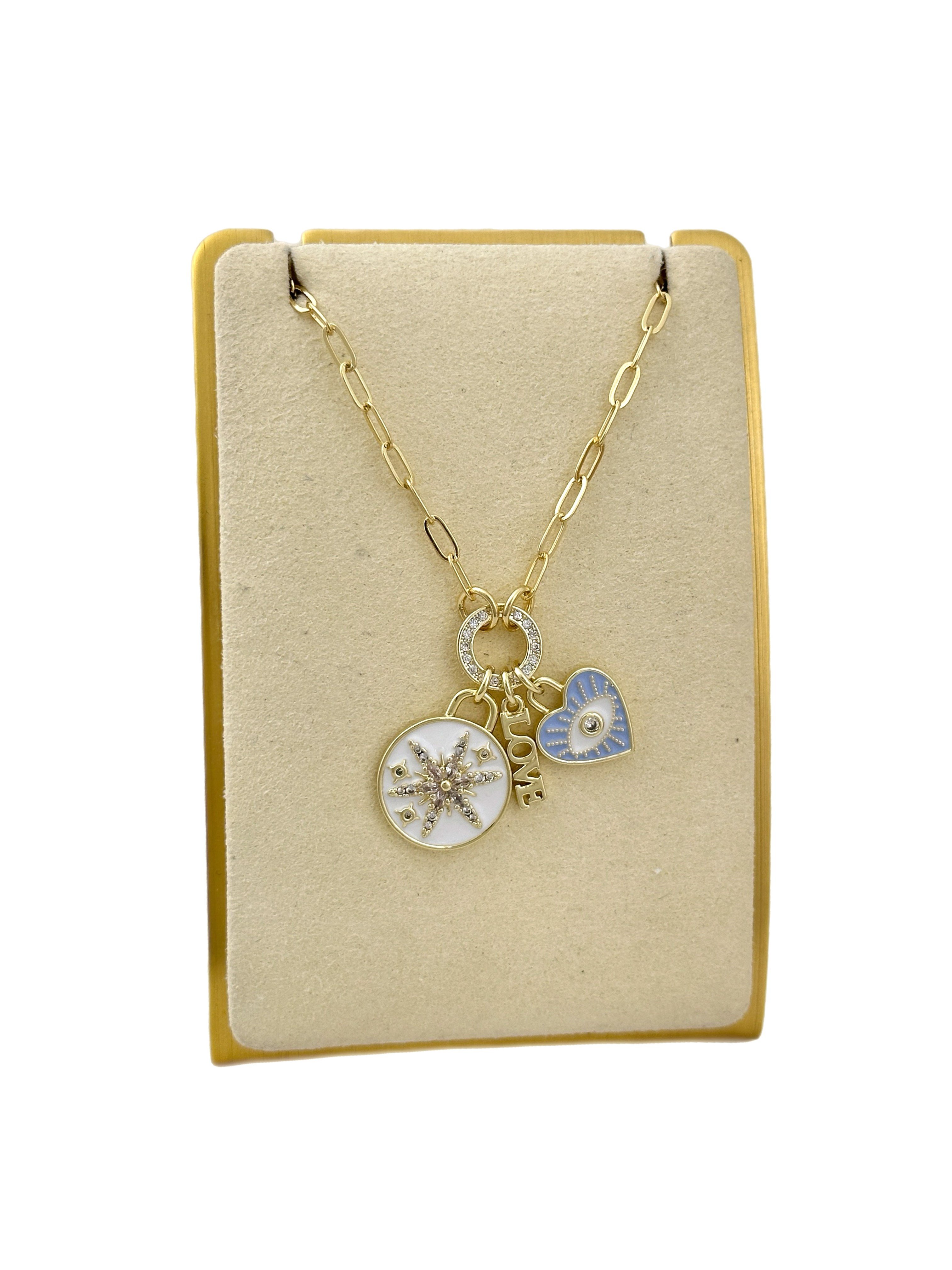 Özel Seri Zirkon Taşlı Renkli Mineli Charm Kolye ( 48 Cm )