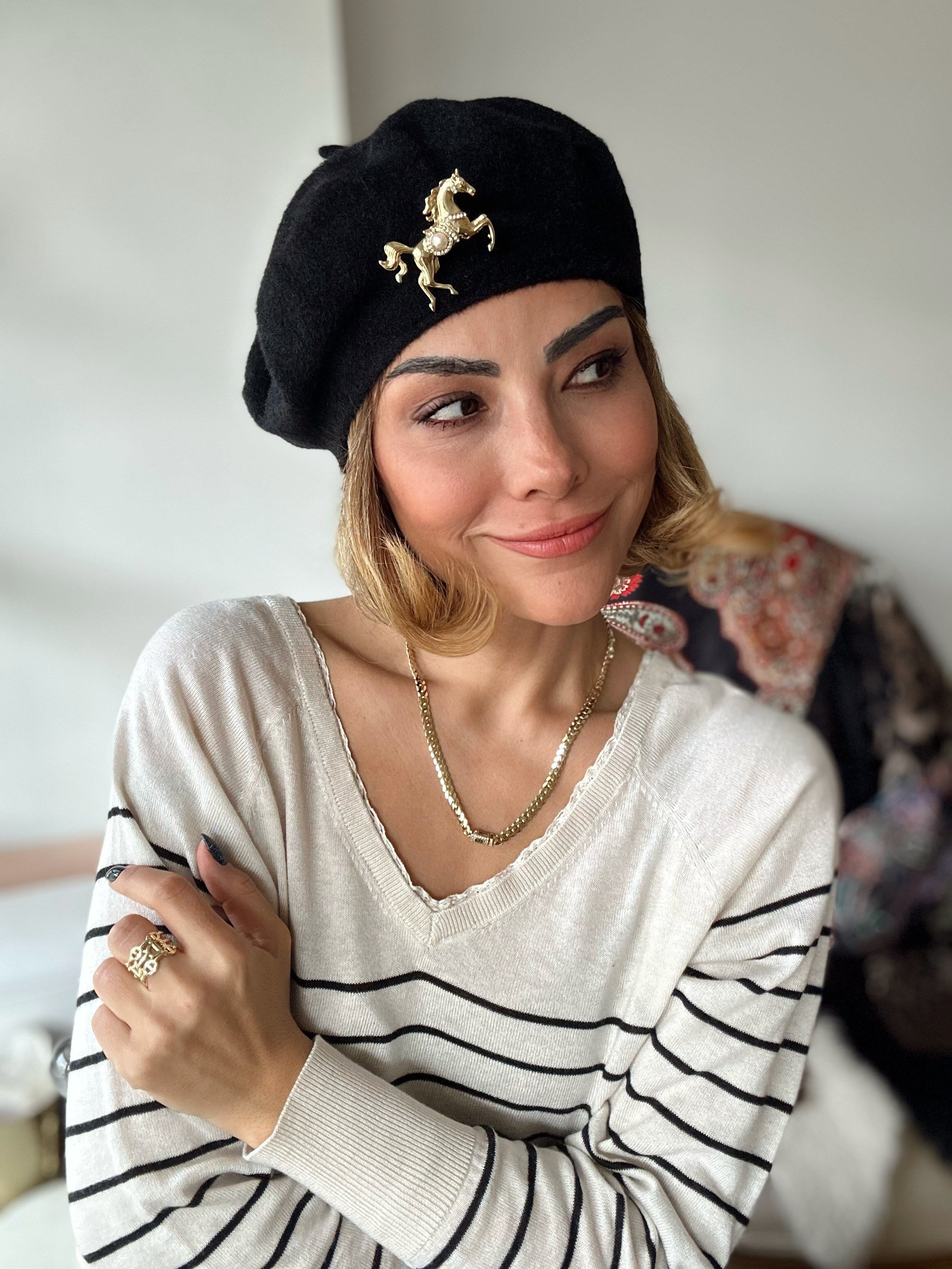 Siyah Peluş Fransız Model Ressam Bere Kombini