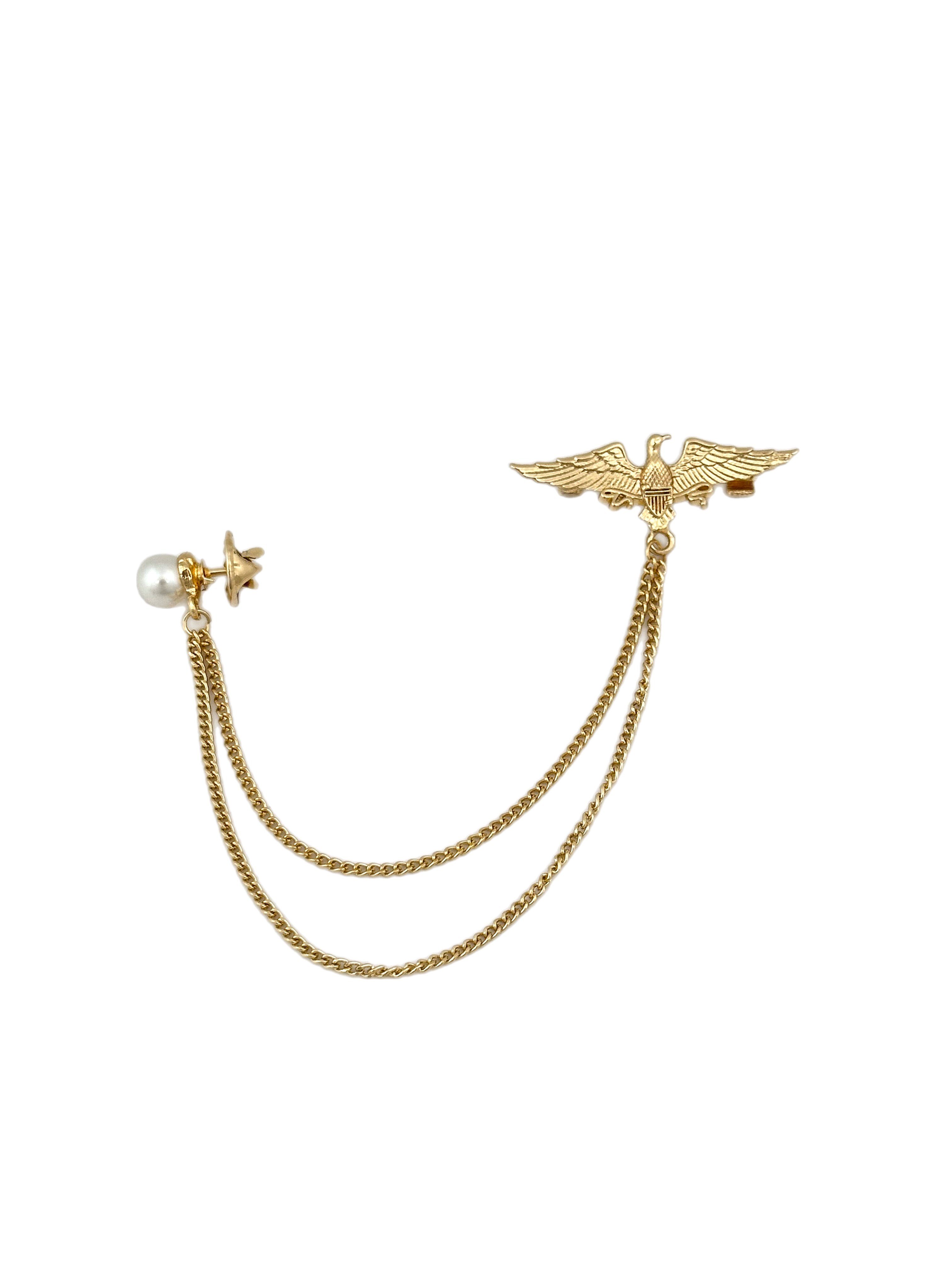 Top İnci Yaka İğnesi Zincir Detay Kartal Figür Broş