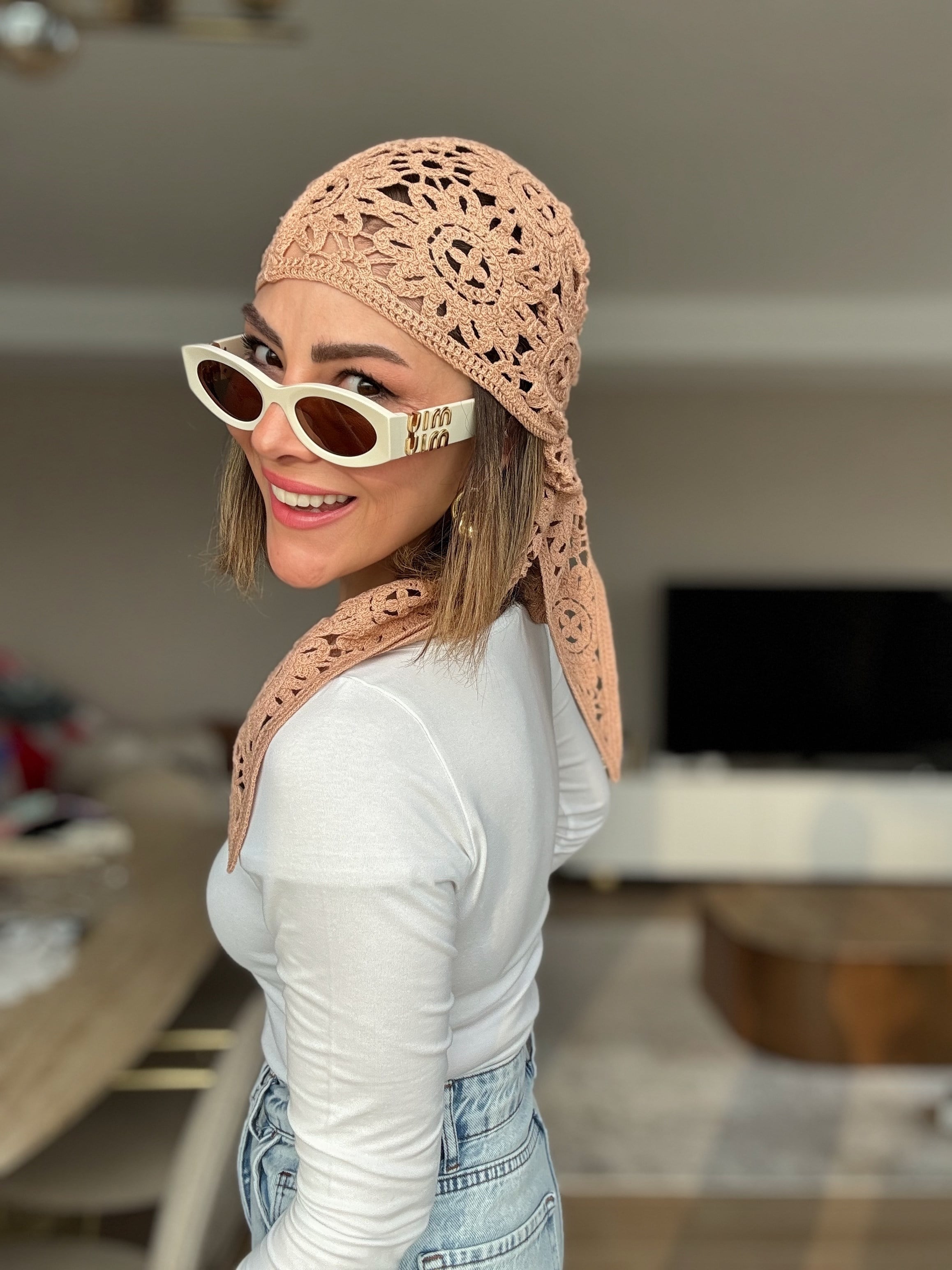 Üçgen Örme Dantelli Camel Pareo