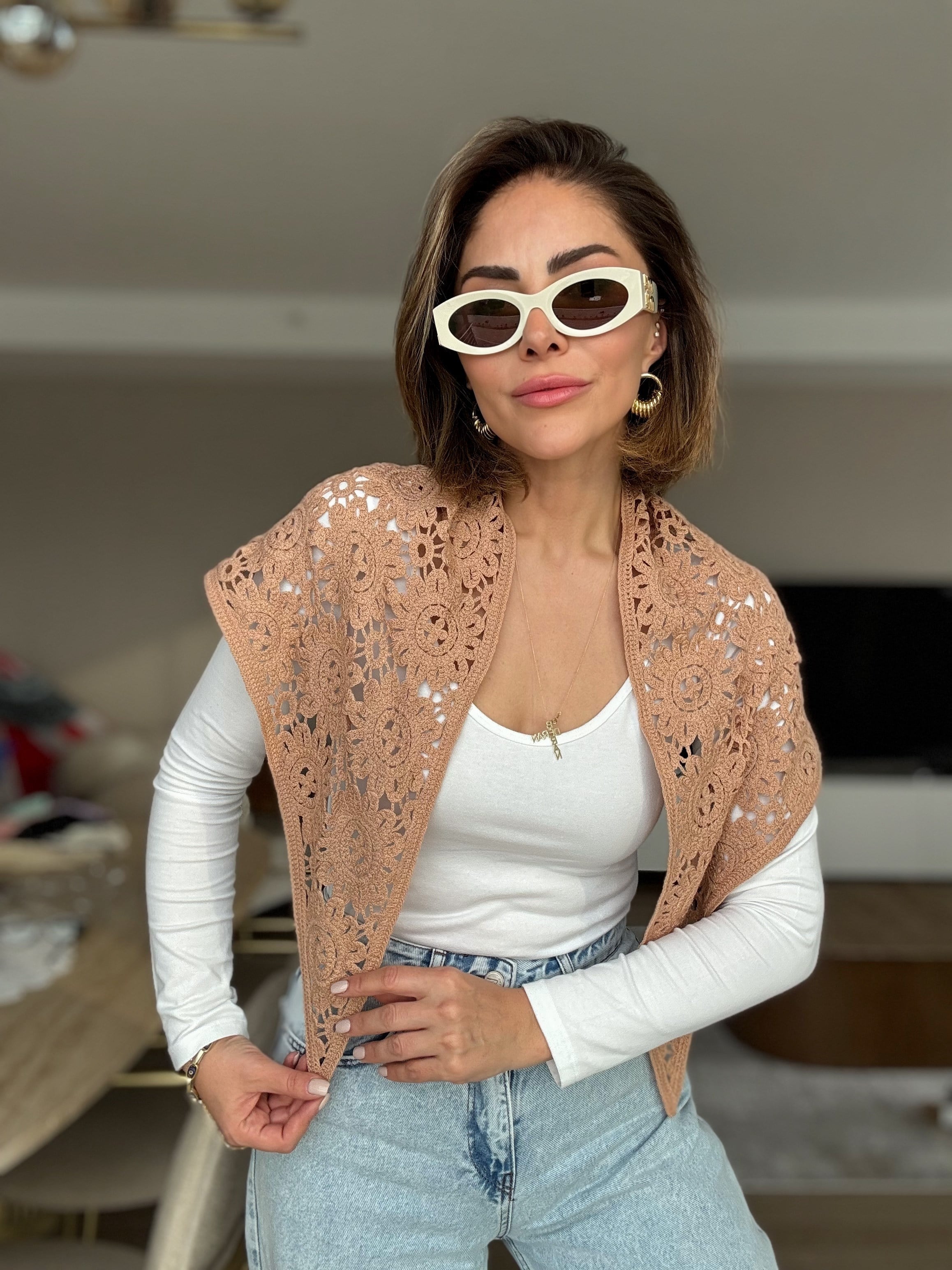 Üçgen Örme Dantelli Camel Pareo