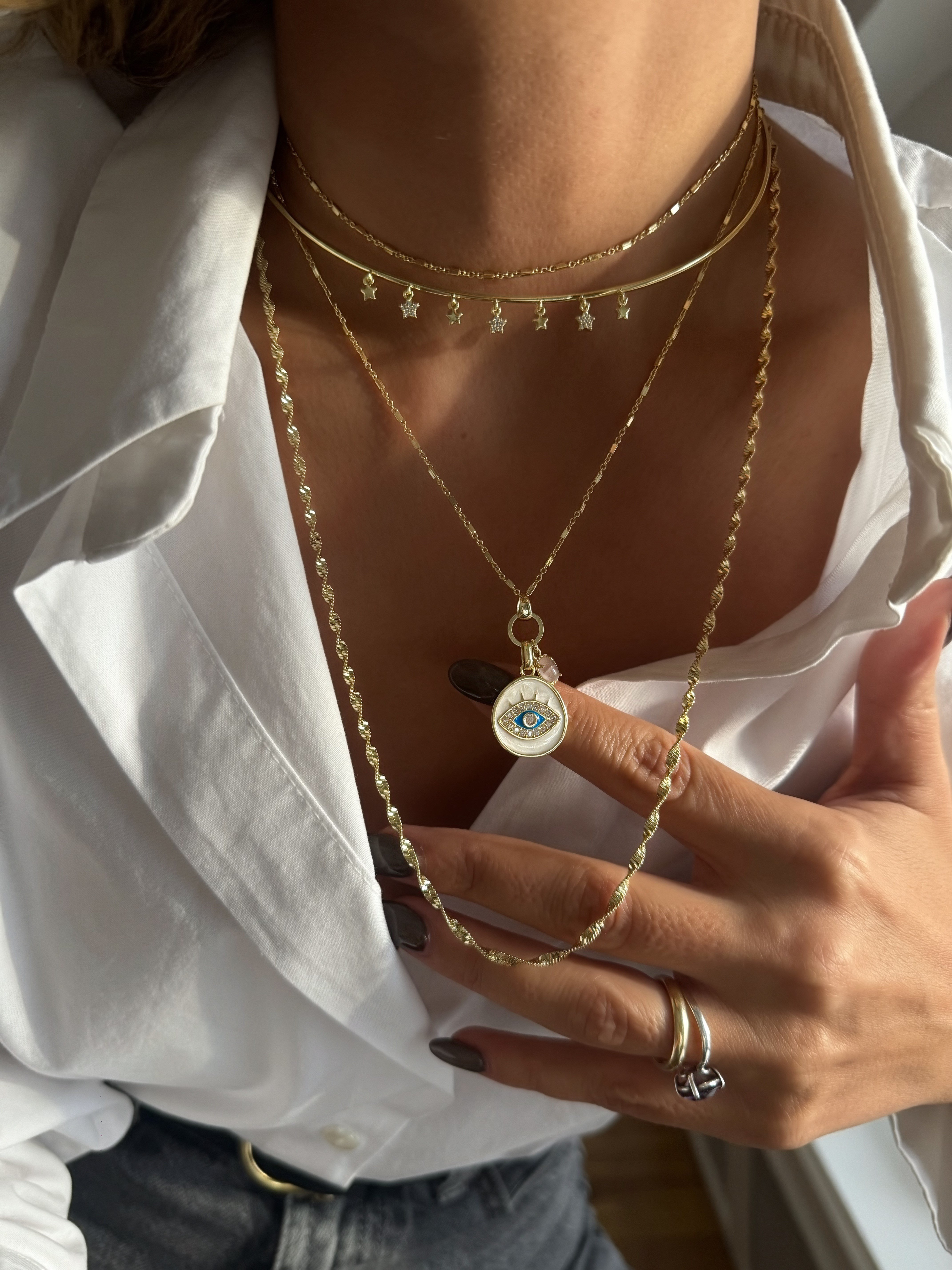 Zirkon Taşlı ve Plaka Yıldız Sallantılı Boru Plaka Choker Kolye Kombini