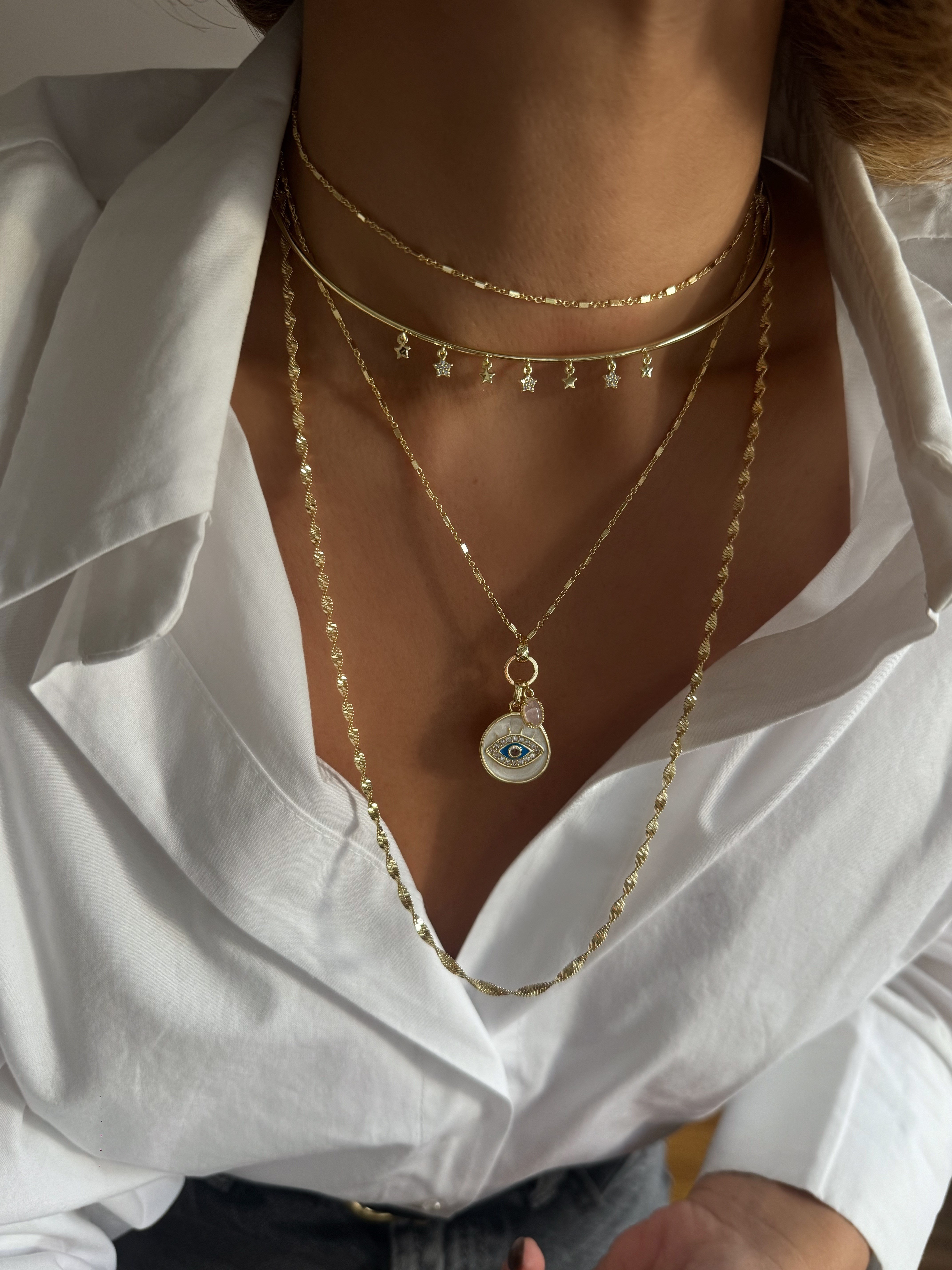 Zirkon Taşlı ve Plaka Yıldız Sallantılı Boru Plaka Choker Kolye Kombini