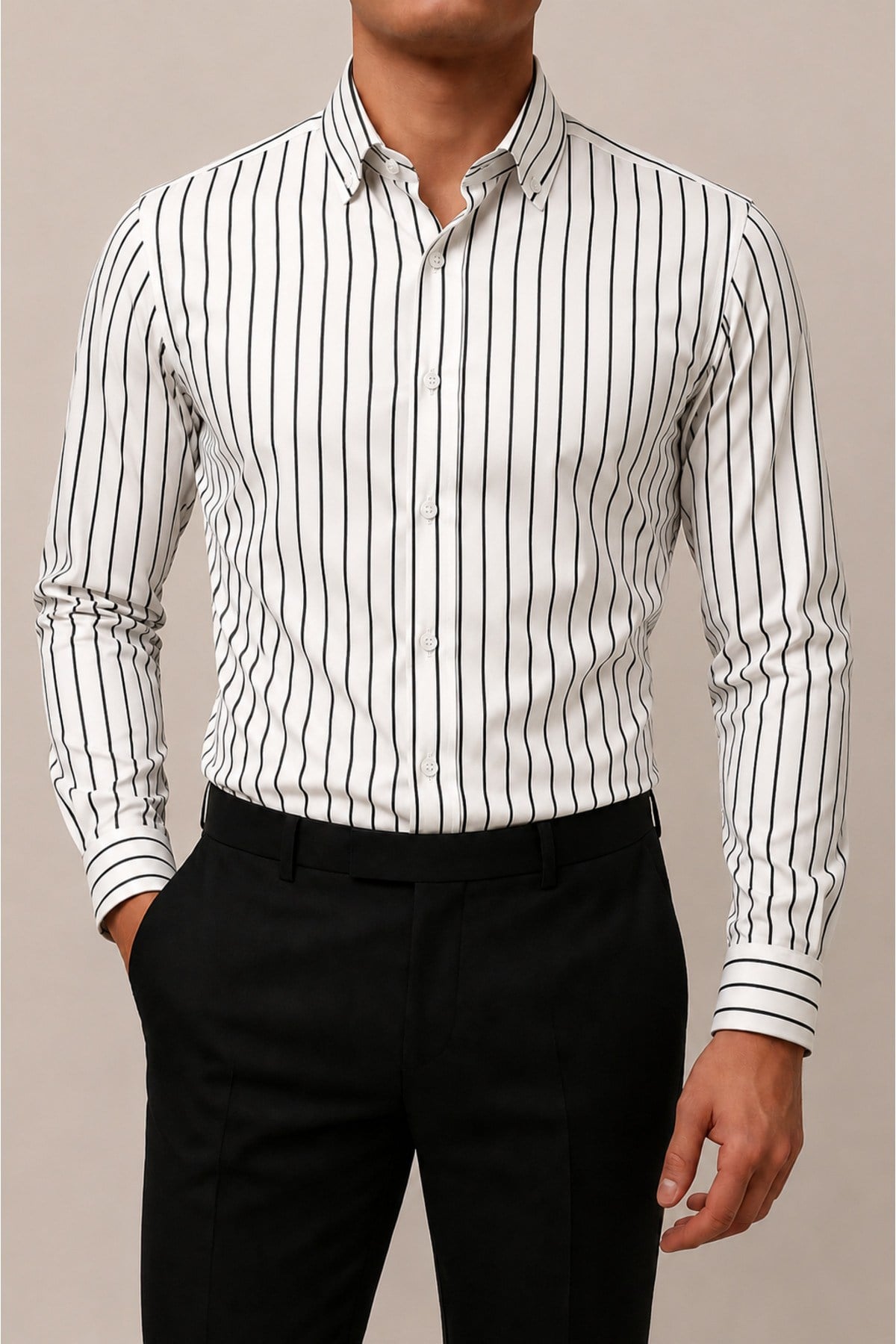 Beyaz Çizgili Erkek Slim Fit Saten Gömlek Uzun Kollu Şık Gömlek