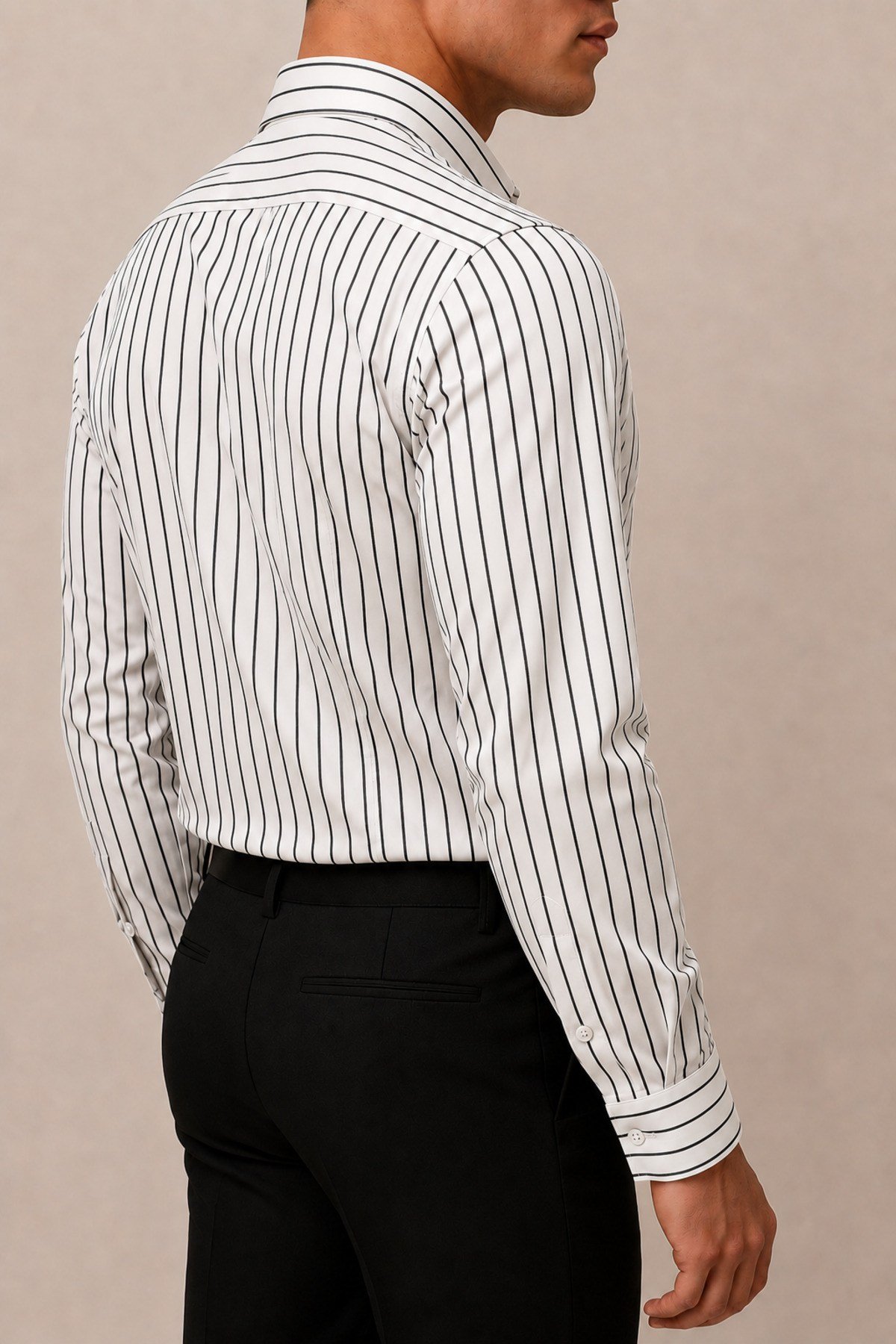 Beyaz Çizgili Erkek Slim Fit Saten Gömlek Uzun Kollu Şık Gömlek