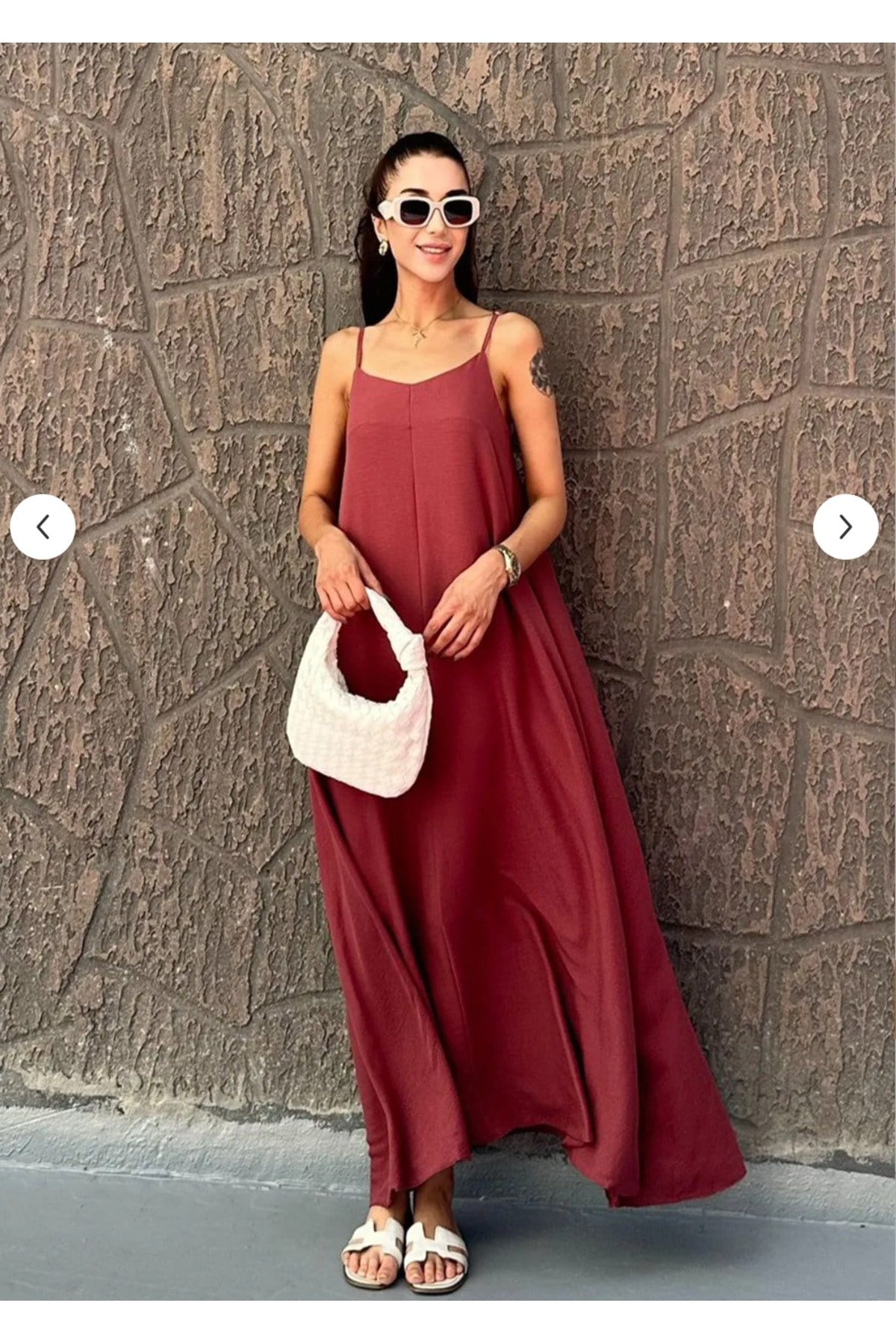 Bordo Ayarlanabilir Askı Uzun Elbise