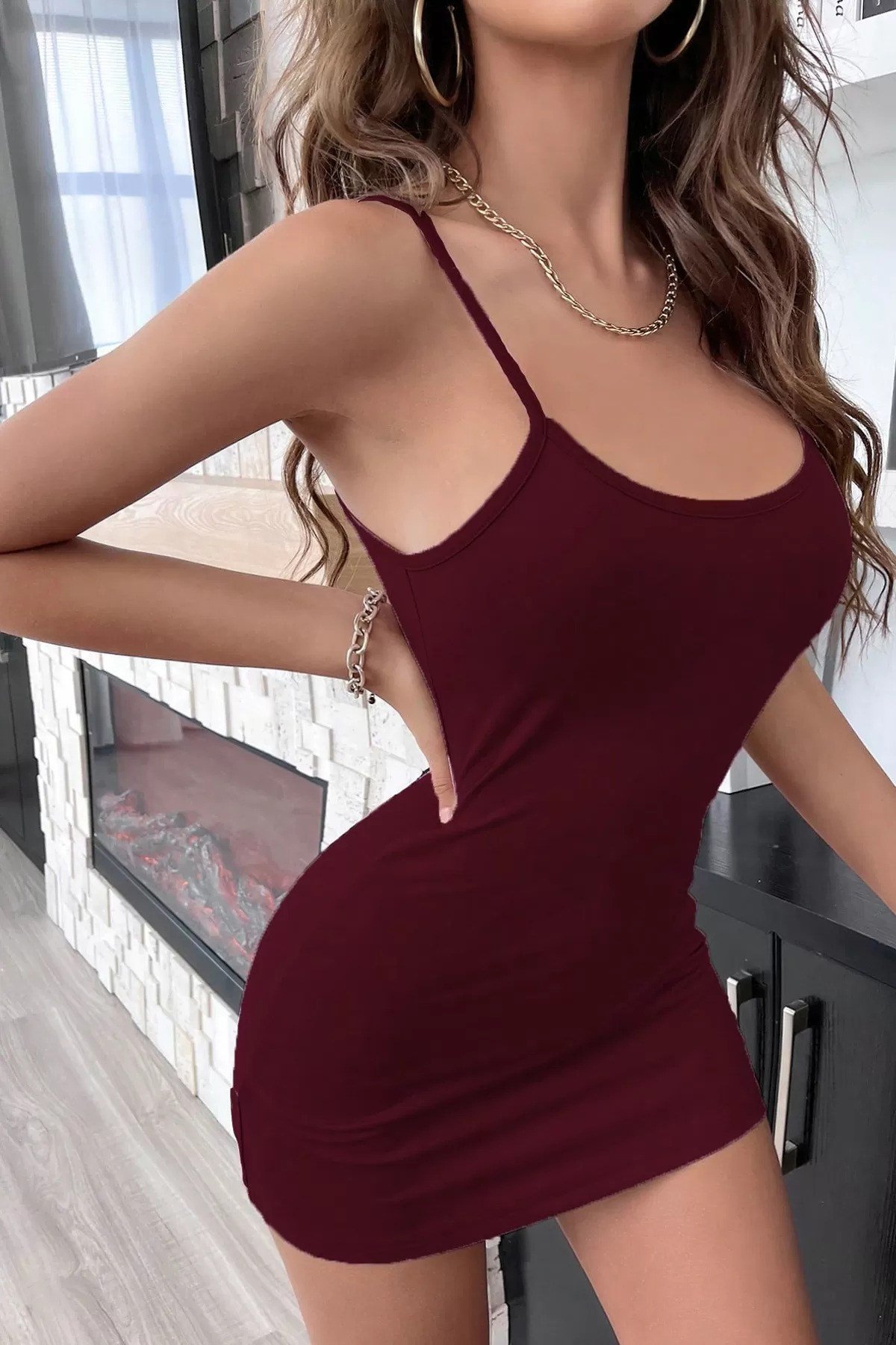 Bordo Sırt Kısmı Komple Dantelli Mini Elbise