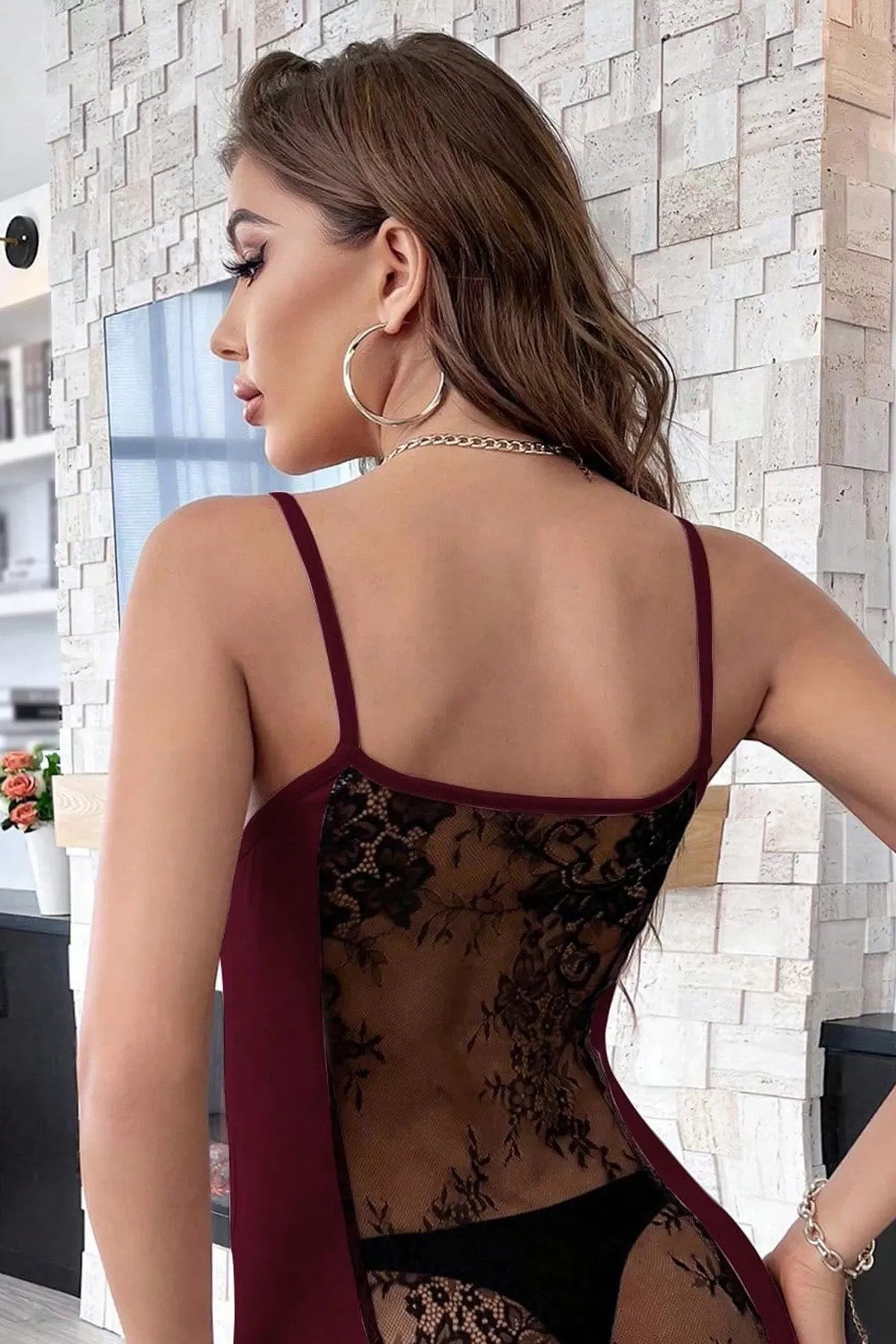 Bordo Sırt Kısmı Komple Dantelli Mini Elbise