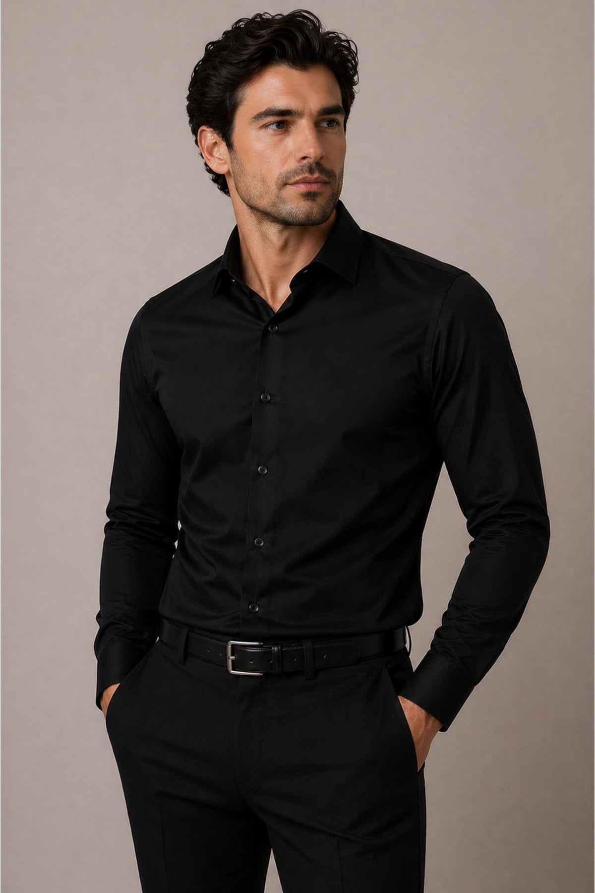 Erkek Slim Fit Gömlek Uzun Kollu Klasik Şık Ofis Günlük Pamuk Saten Karışımlı