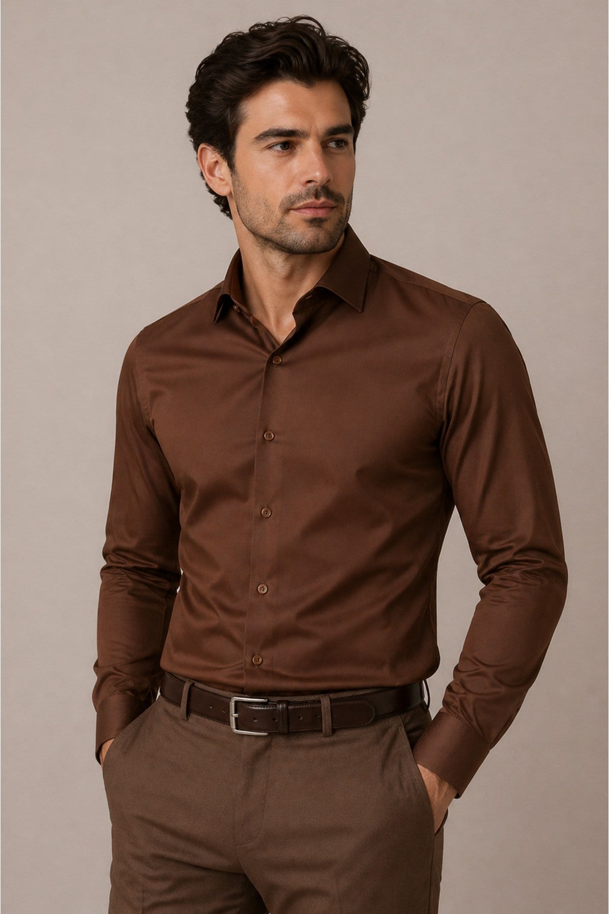 Erkek Slim Fit Gömlek Uzun Kollu Klasik Şık Ofis Günlük Pamuk Saten Karışımlı