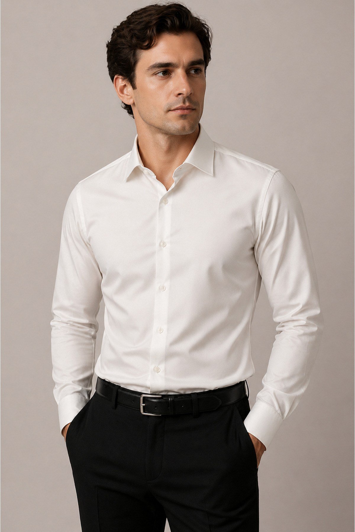 Erkek Slim Fit Gömlek Uzun Kollu Klasik Şık Ofis Günlük Pamuk Saten Karışımlı