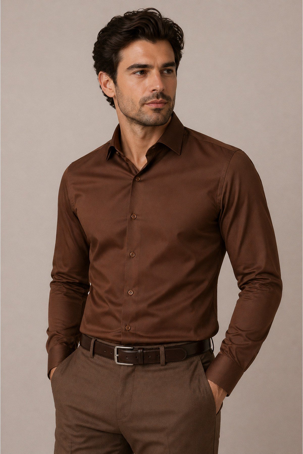 Erkek Slim Fit Gömlek Uzun Kollu Klasik Şık Ofis Günlük Pamuk Saten Karışımlı
